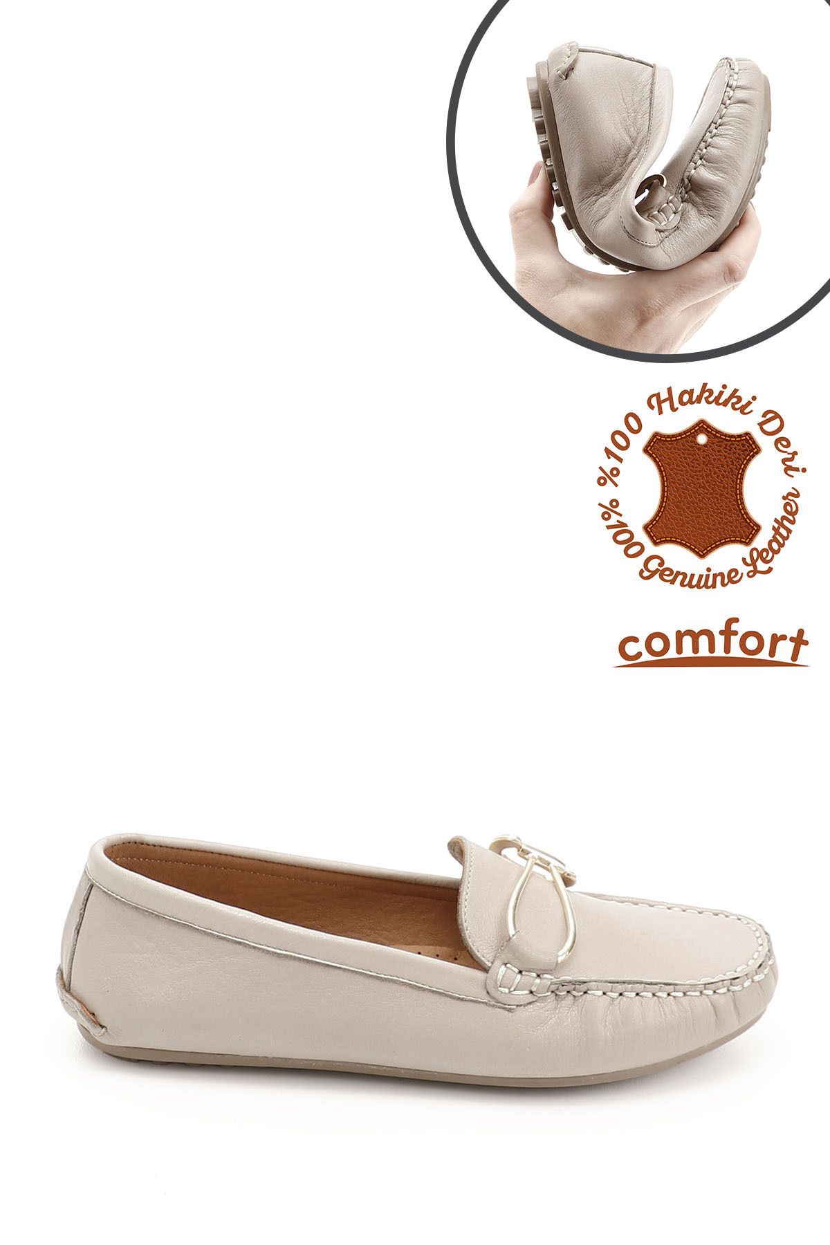 GÖNDERİ(R) Kadın / Kız Bej Tokalı Rok Hakiki Deri Comfort Loafer