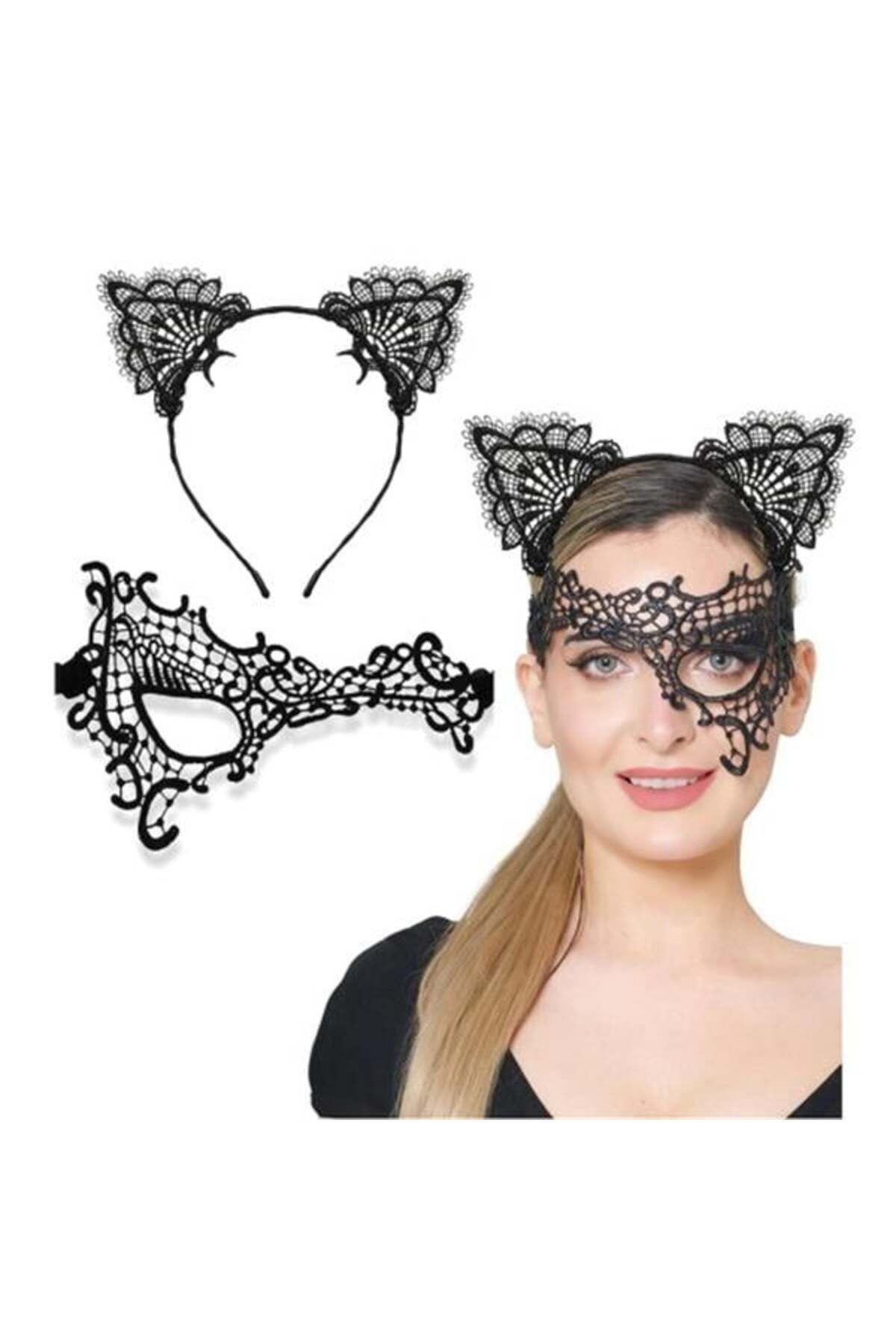 LovelymCo Siyah Dantel Maske Ve Kulak Taç Seti No 13