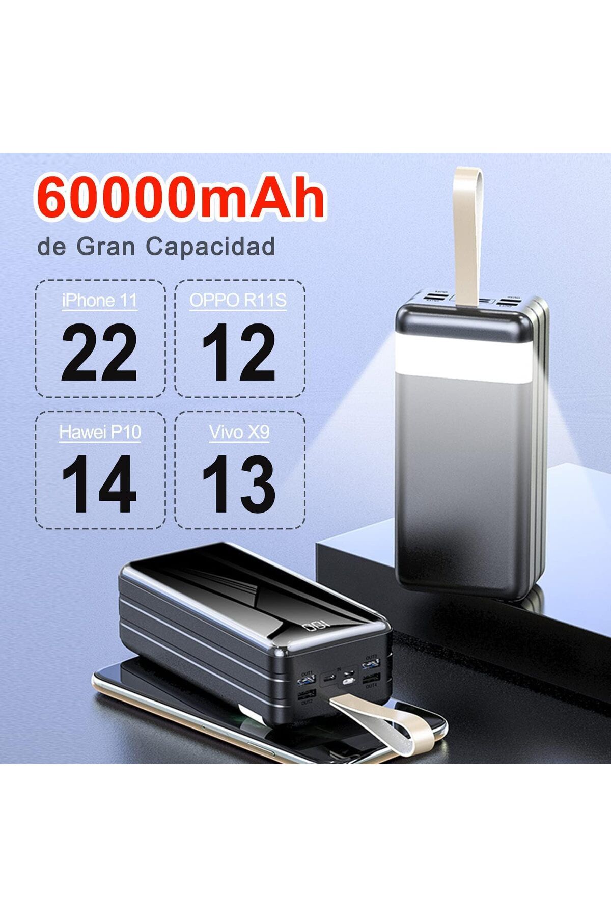 erorex-Power Bank Large Capacity 60000 Mah With Digital Display Mirror Reflective Portable Battery With 6
