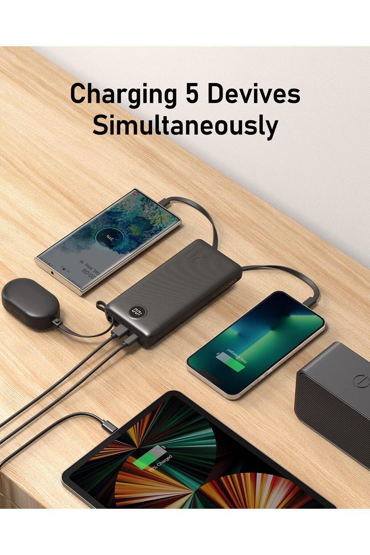 erorex-بنك طاقة مع كابلات مدمجة 20000 مللي أمبير في الساعة شاحن محمول لجهاز iPhone USB C شاشة LCD خارجية 5