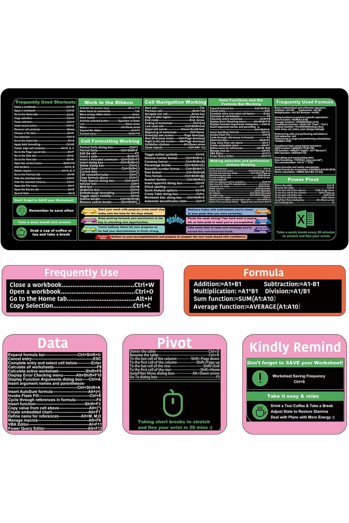 erorex-Excel Shortcuts Mouse Pad 35.4 Inch X15.7 Inch Keyboard Shortcut Mousepad Xxl Extended Office Desk 2
