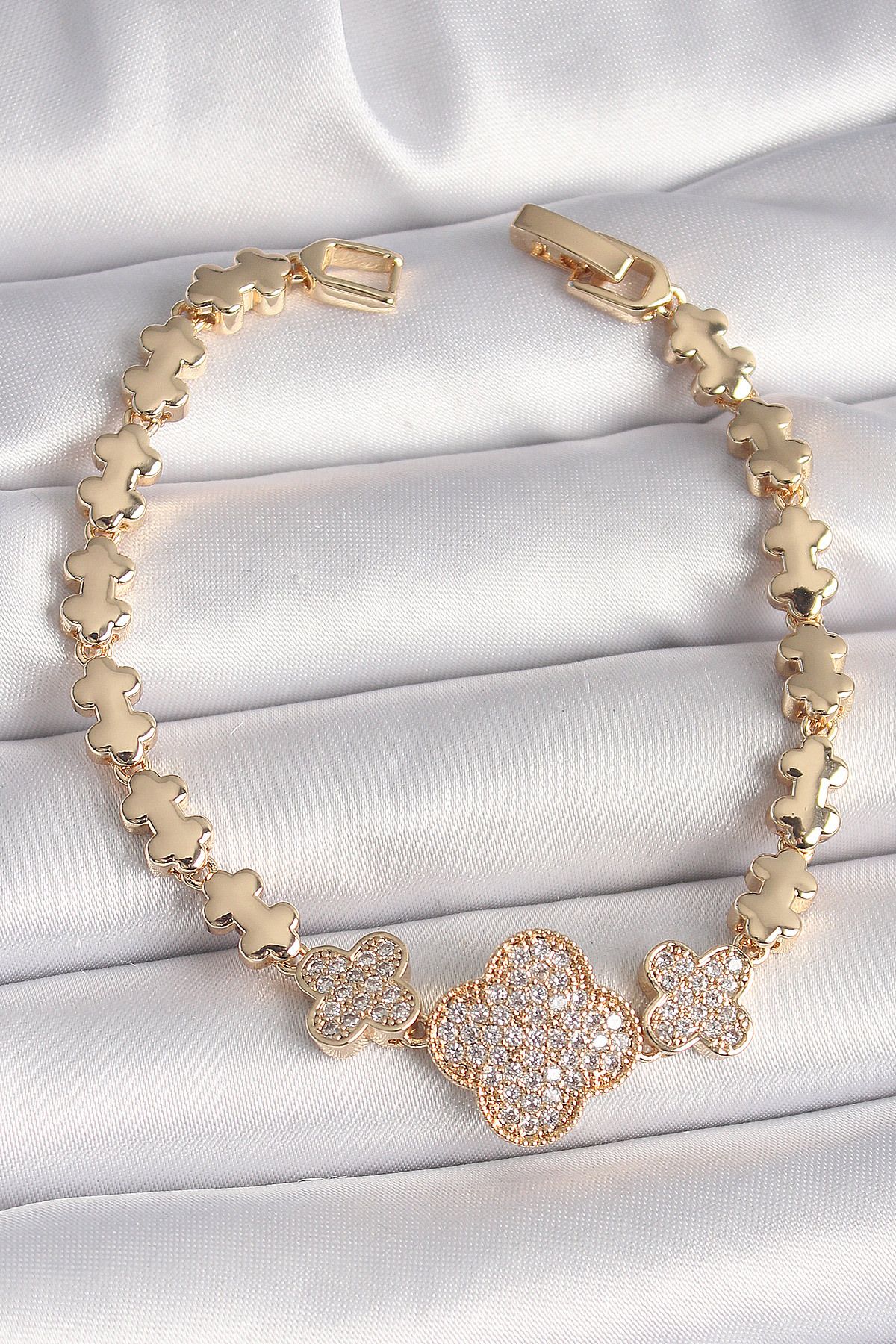 KfksStore Pirinç Gold Renk Zirkon Taşlı Yonca Model Zincir Kadın Bileklik