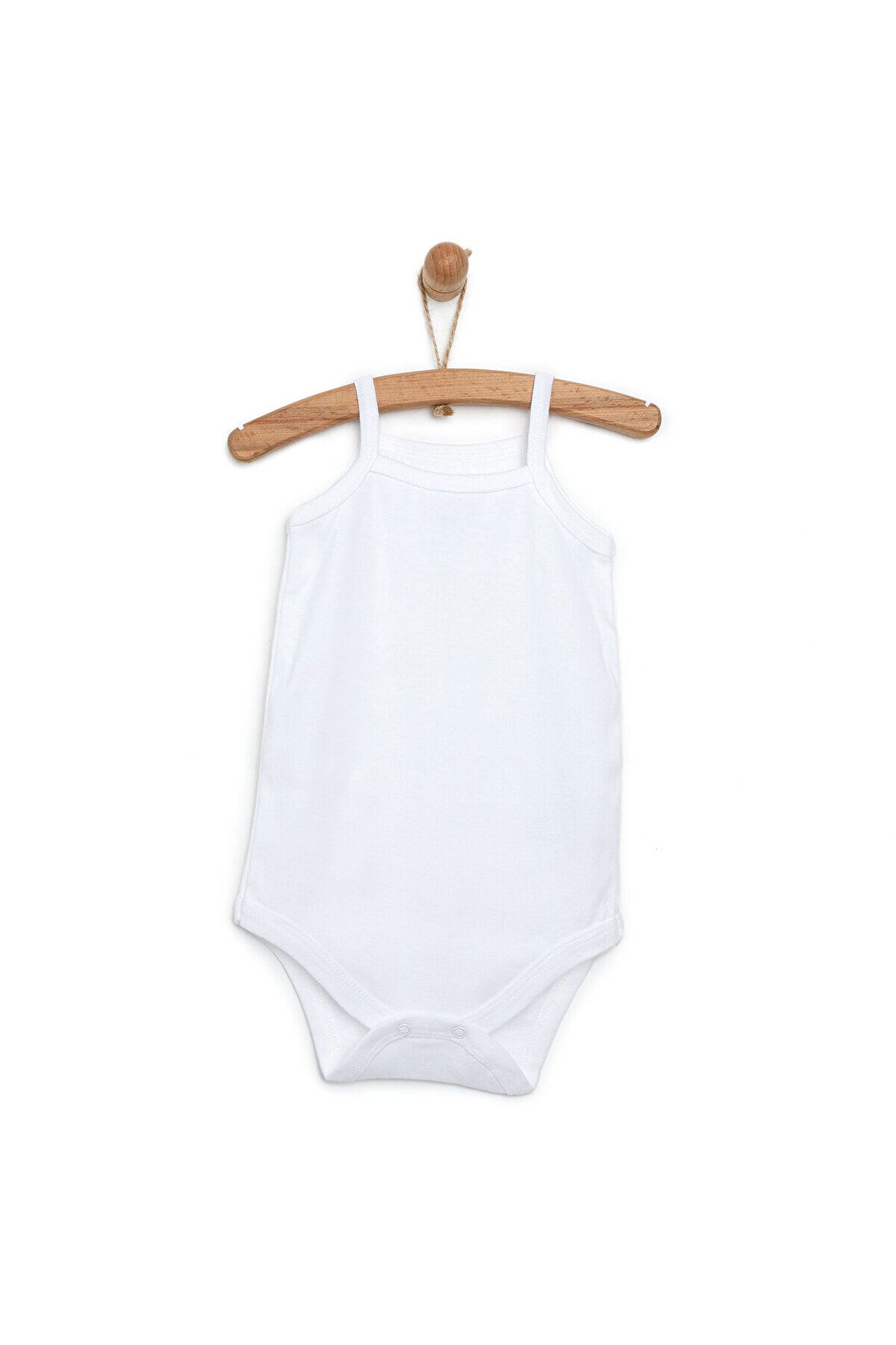 ebebek Hello Baby HelloBaby Unisex Beyaz Body Ribana Kumaş Çıtçıtlı Zıbın Bisiket Yaka İp Askılı Beyaz