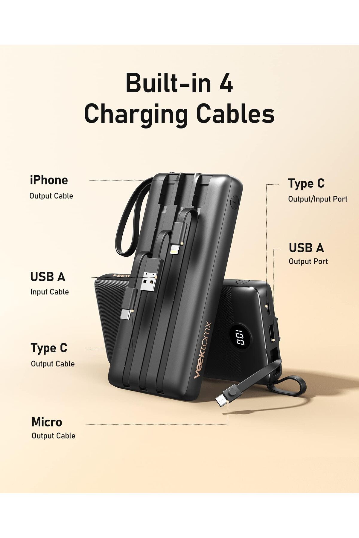 erorex-بنك طاقة مع كابلات مدمجة 20000 مللي أمبير في الساعة شاحن محمول لجهاز iPhone USB C شاشة LCD خارجية 4
