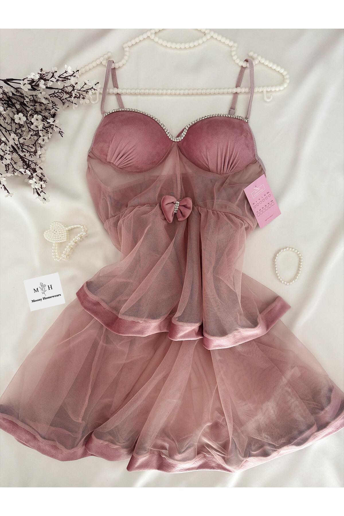 MH Moony Homewears Kutulu Njord Pembe Kadife Lüks Taş Detay Gecelik