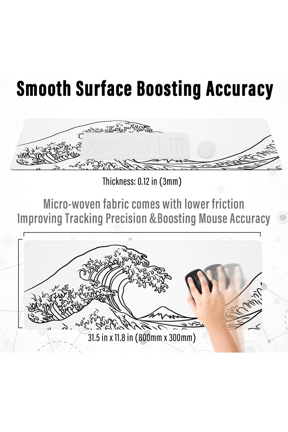erorex-Large Gaming Mouse Pad Extended Xl Mouse Pad White Wave Mouse Pad With Anti Slip Base 31.5 X 11.8 3
