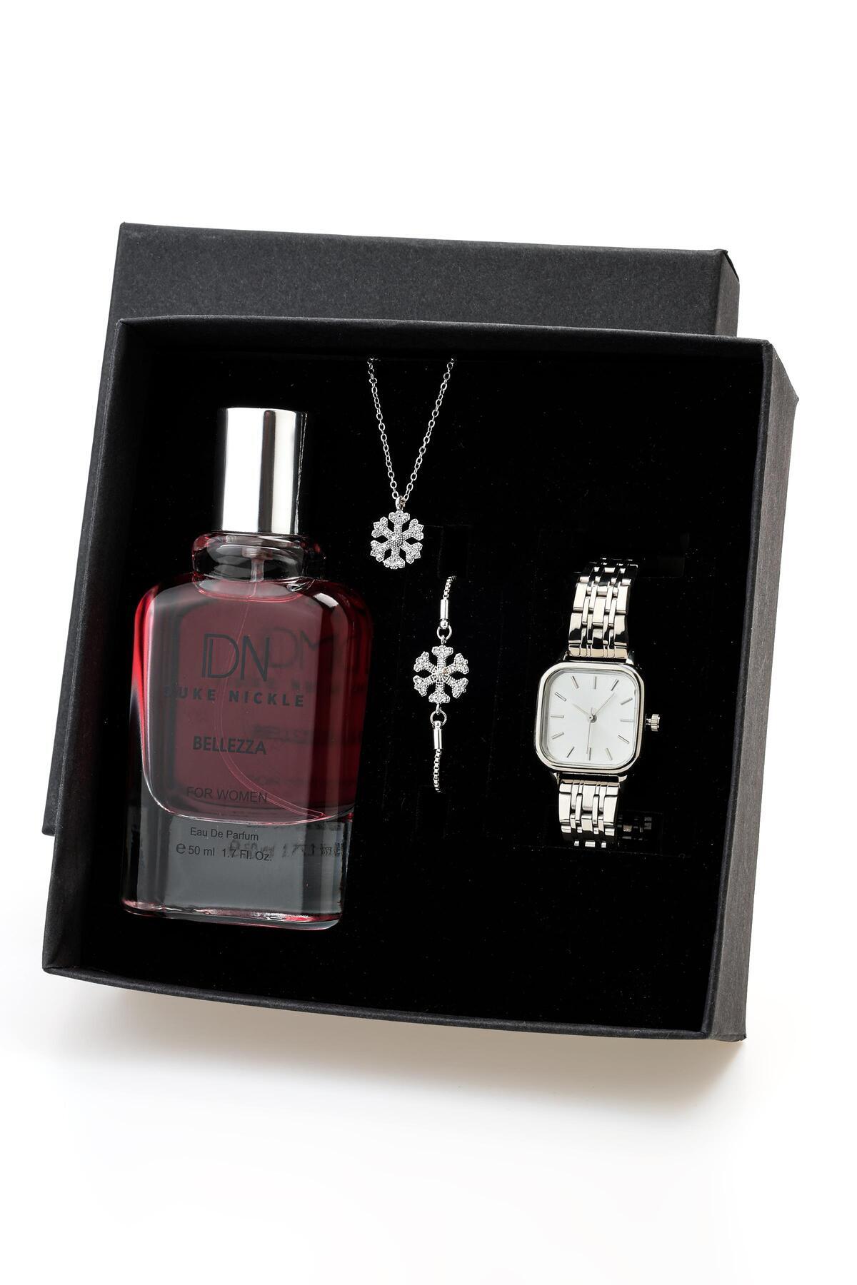 Duke Nickle Gümüş: Kadın Gümüş Lüks Hediye Seti, Kare Kol Saati, Parfüm ve Zirkon Taşlı Kolye-Bileklik