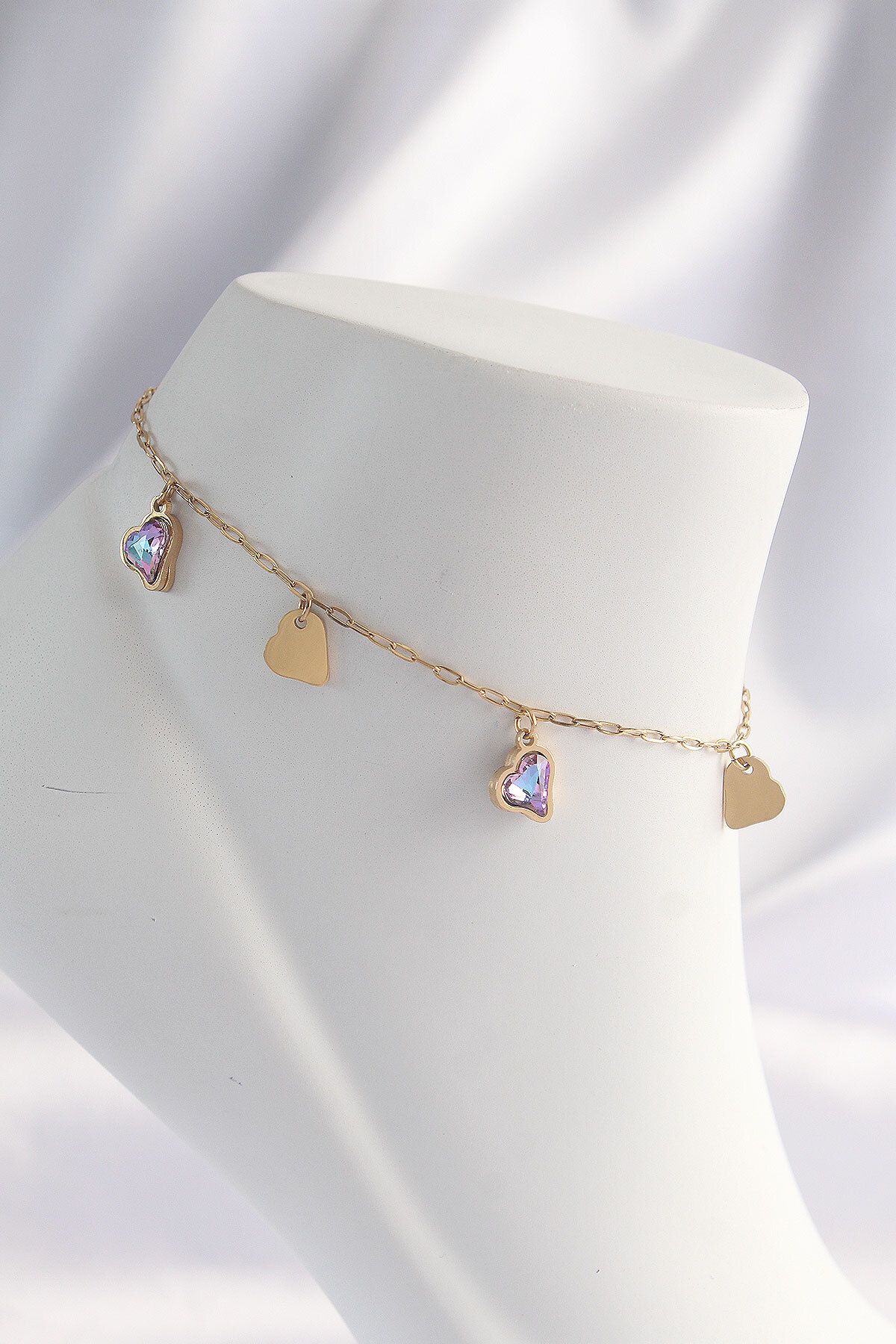 BirdoluSepet 316L Çelik Gold Renk Minimal Renkli Zirkon Taşlı Kalp Halhal
