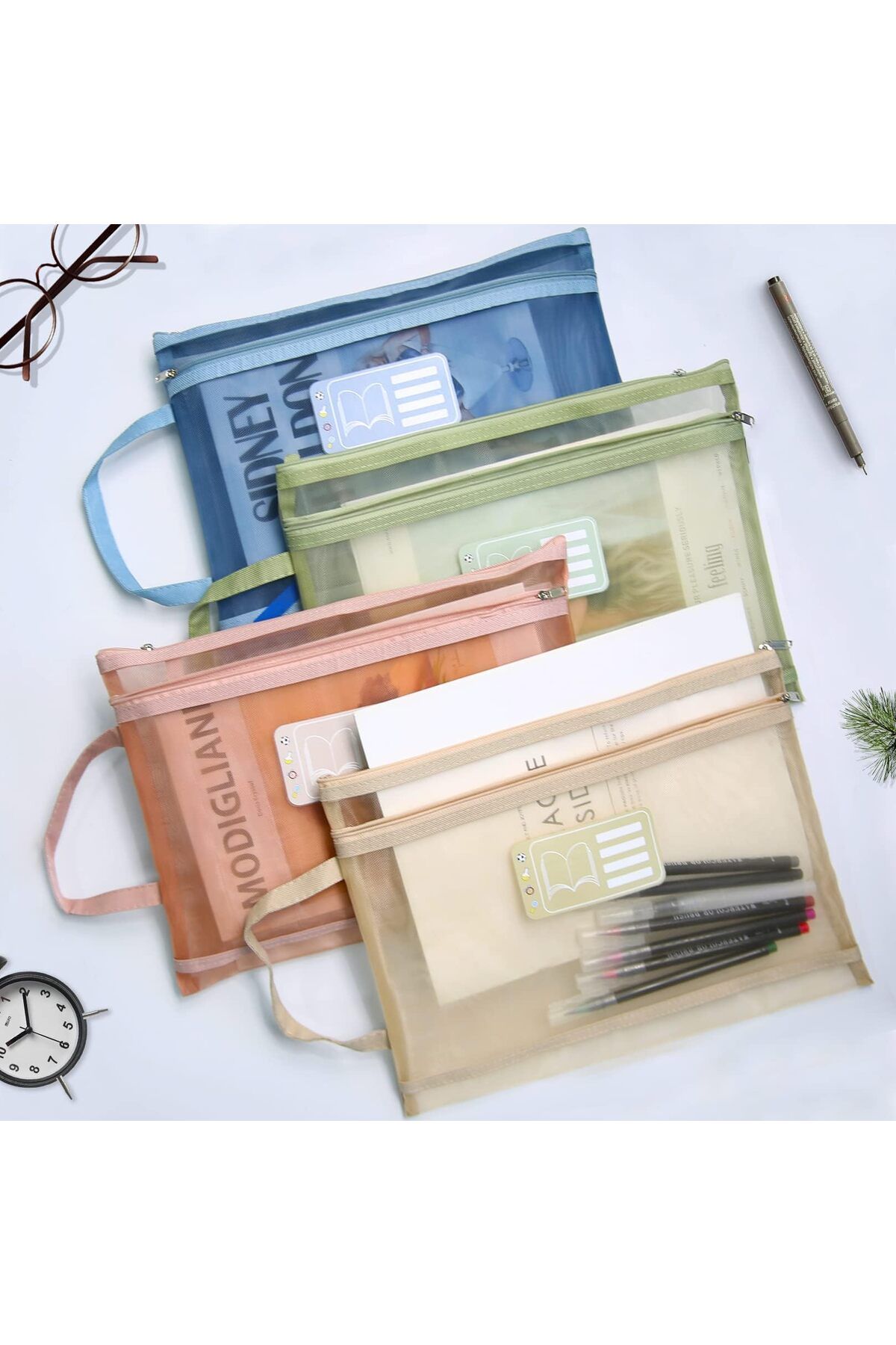 erorex-Mesh Zipper Pouch Zipper Bags 5 Pack Double Layer Large Size Folders With Handle Clear Pencil Pouch 3