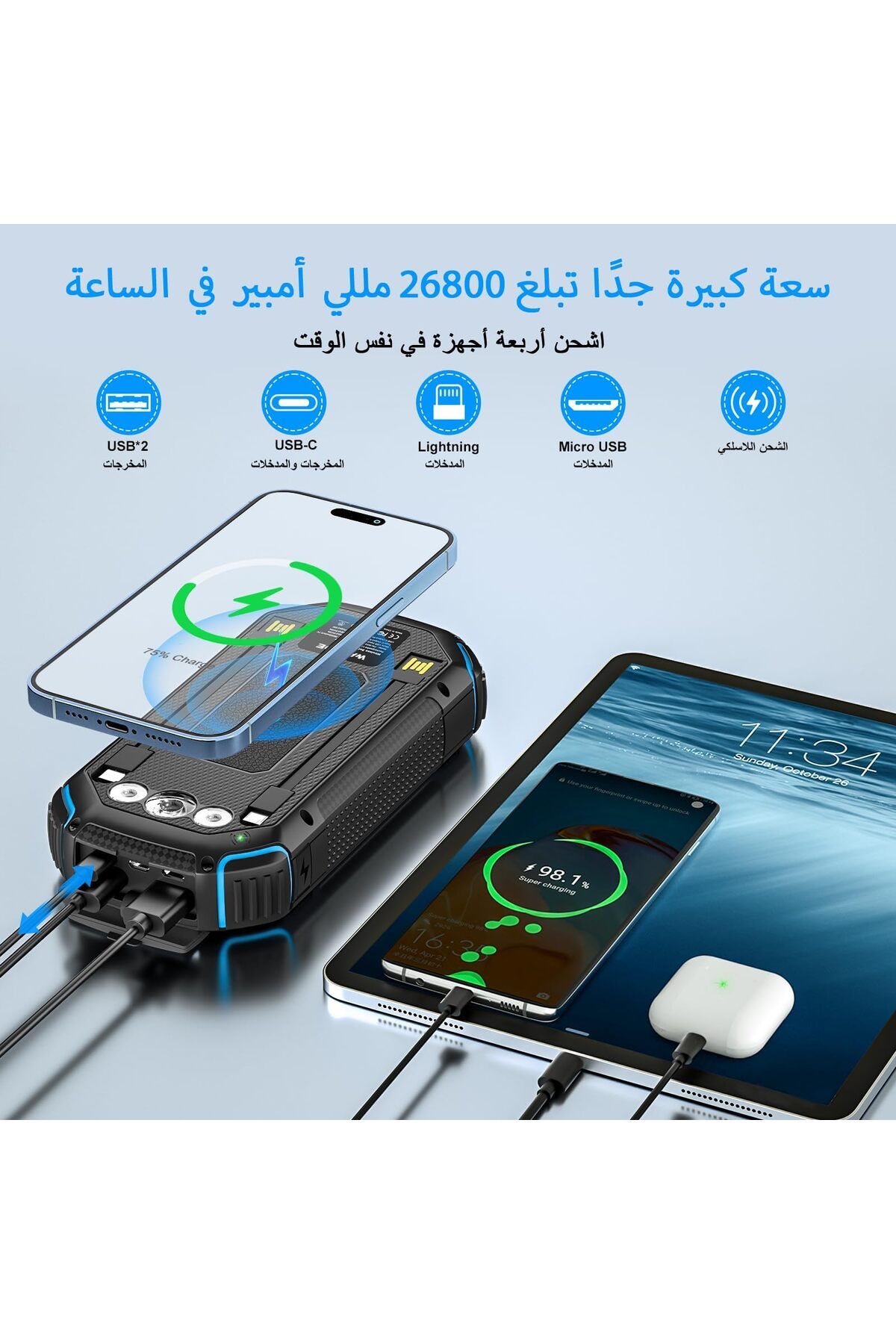 erorex-Solar Power Bank 26800Mah With 3 Cables Wireless Solar Charger 4 Outputs 3 Inputs 15W Usb C Fast 3
