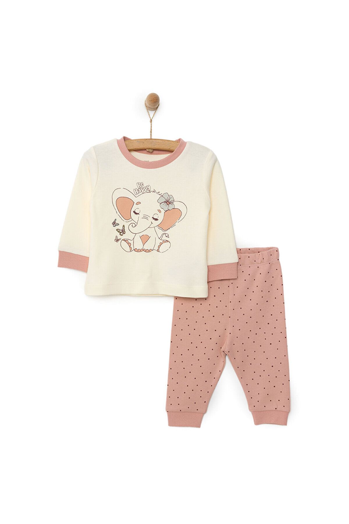 ست لباس خواب دختر بچه HelloBaby با طرح فیل یقه آستین بلند اکرو ebebek Hello Baby