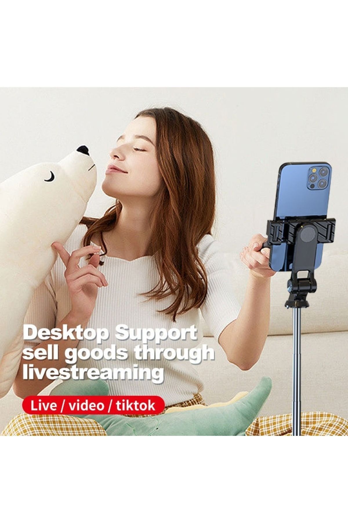 DeftHike Mini Katlanabilir Ayaklı Masaüstü Telefon Standı Teleskopik Selfie Çubuğu 2 In 1