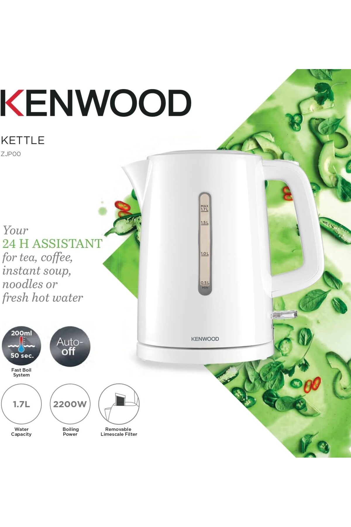 erorex-Kettle 2200W 1.7L Removable Mesh Filter Plastic Zjp00.000Wh White 2