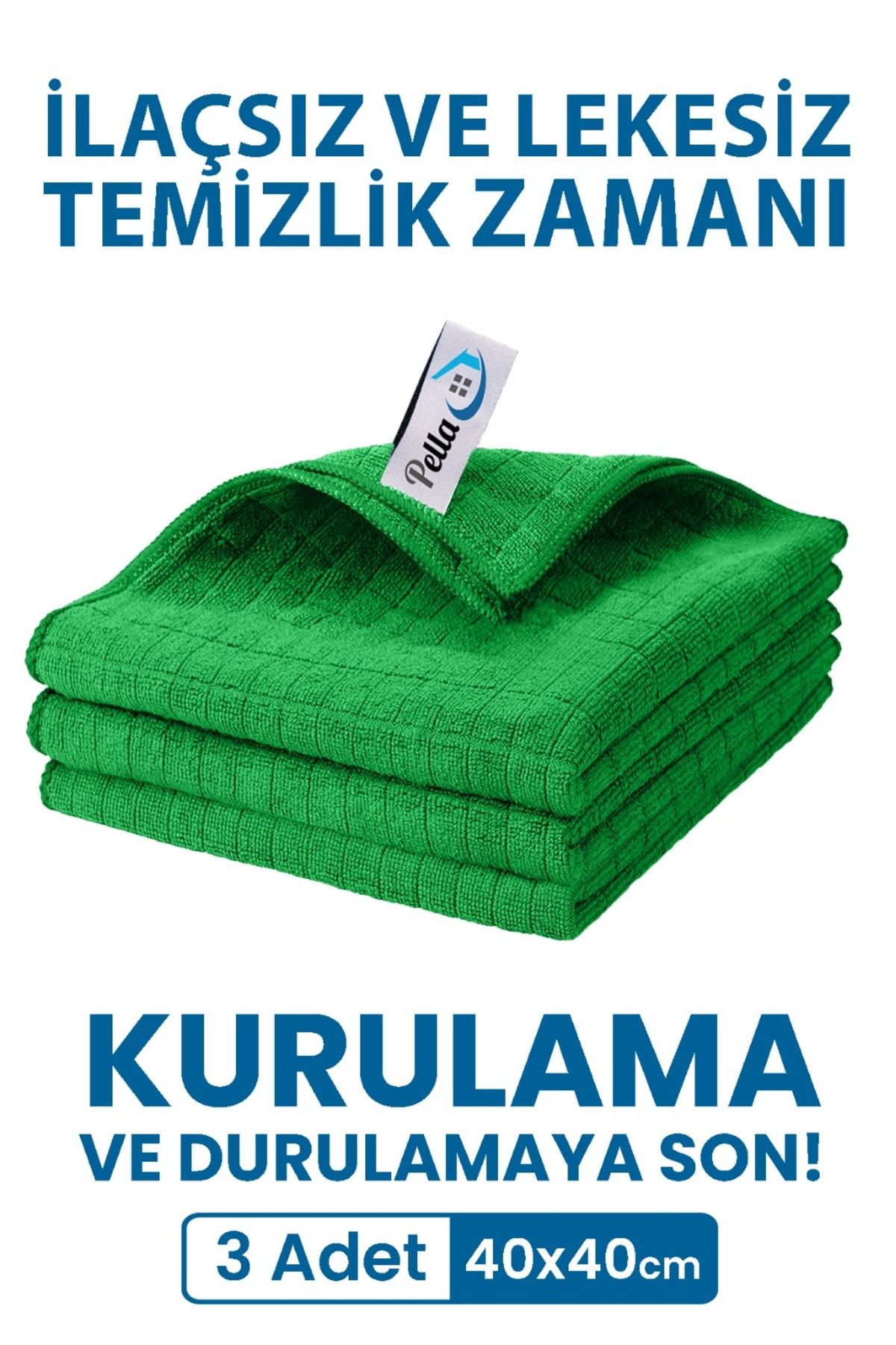 Pella Classic 3'lü Mikrofiber Araba, Cam, Mutfak Temizlik Bezi, Yeşil (40X40CM)