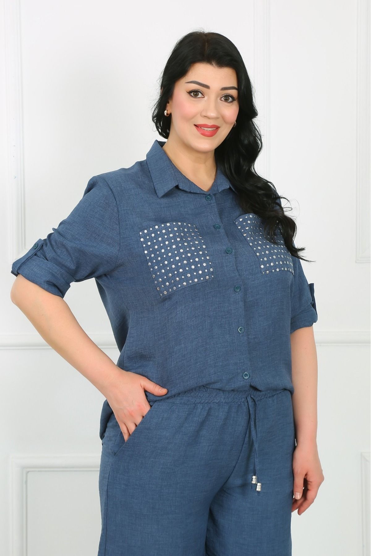 özle fashion-Pocket Stone Printed Large Size Linen Set 2