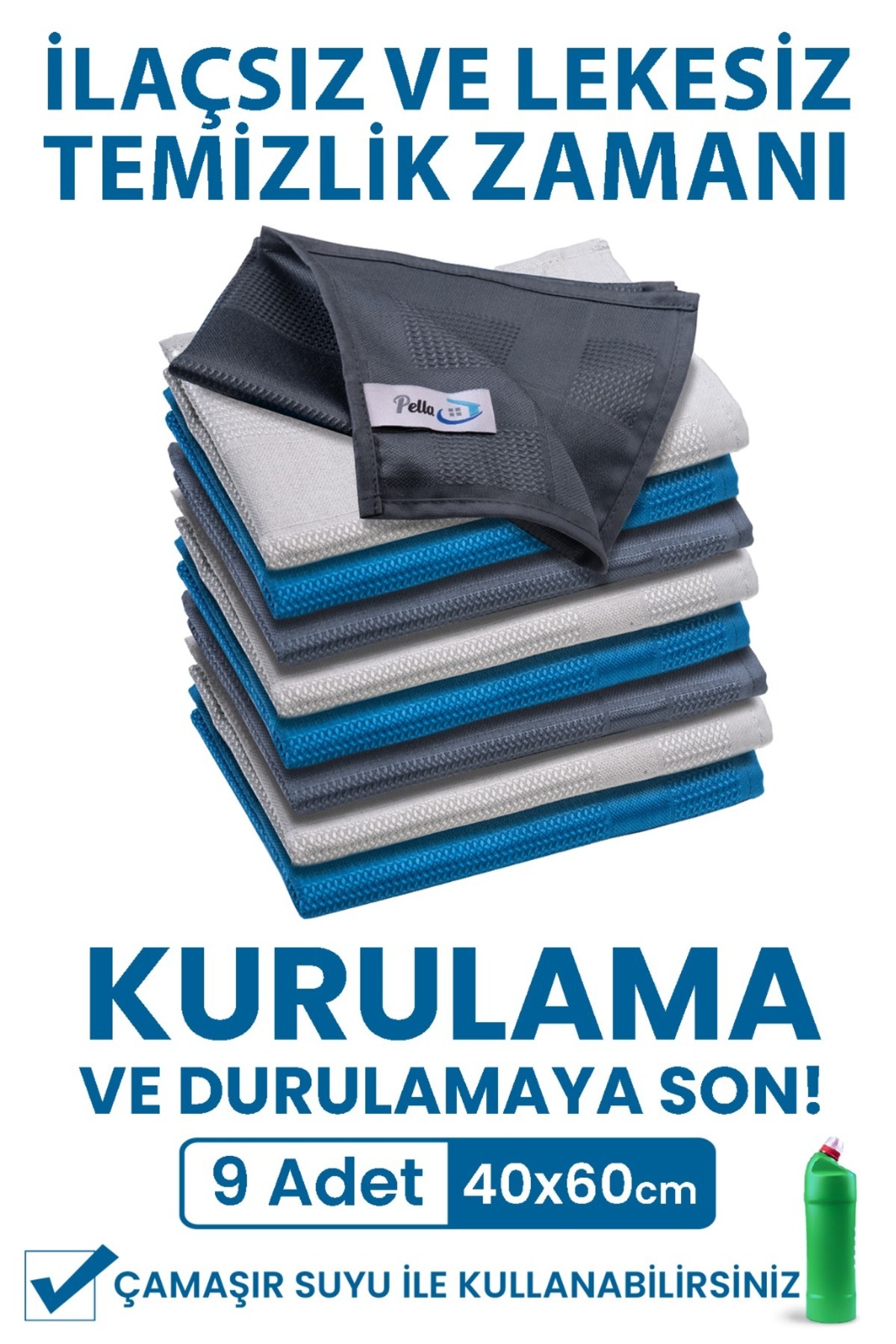 Pella Mikrofiber Bez 9'lu Temizlik Bezi Pella Active Çamaşır Suyu