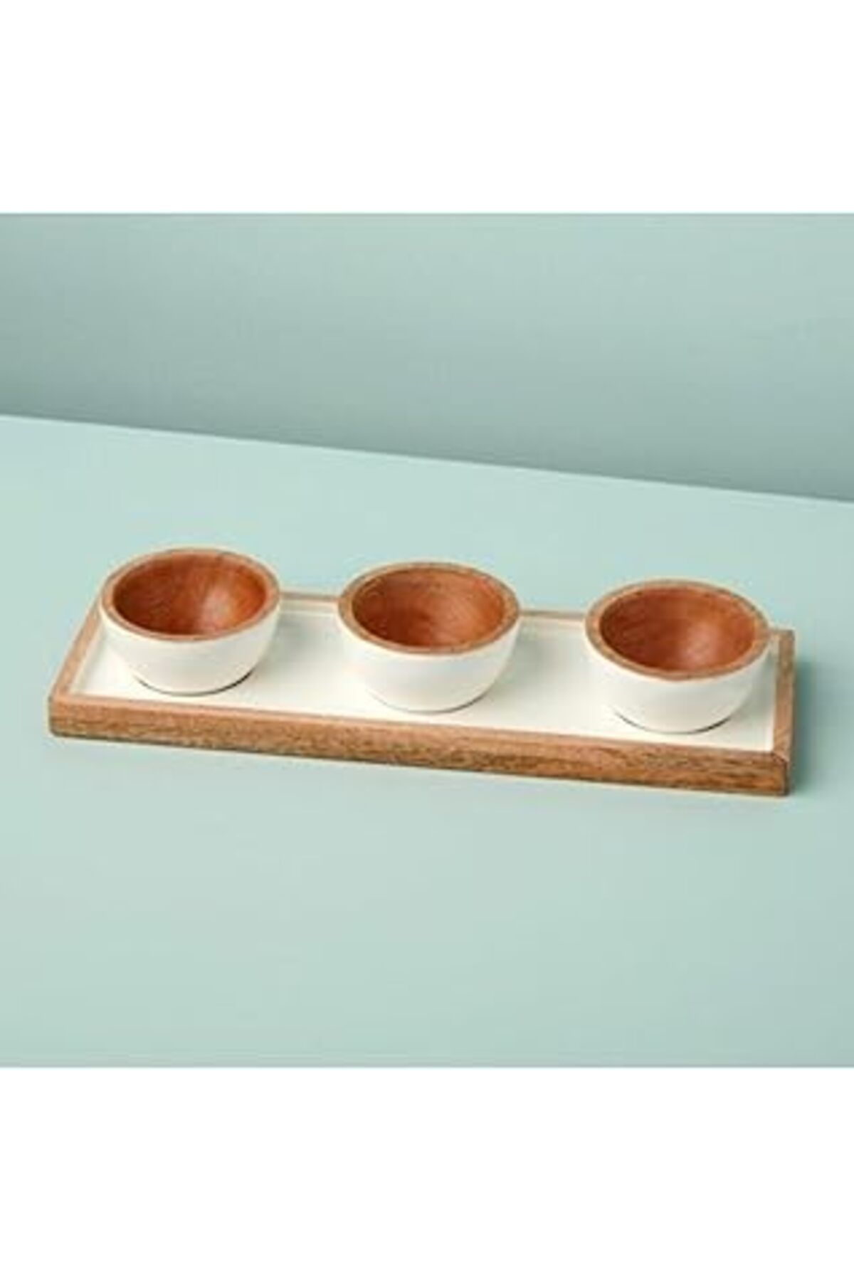 Mu Art Be Home 4 Parça Mango Ahşap & Beyaz Kase 9,5 X 7 Cm Ve Tepsi 30 X 9,5 Cm