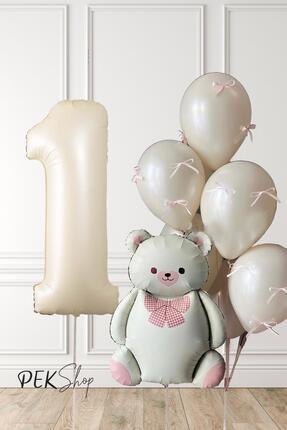 PEKSHOP Retro Krem Ayılı Fiyonk Kurdeleli Deniz Kumu Balonlu Doğum Günü Balon...