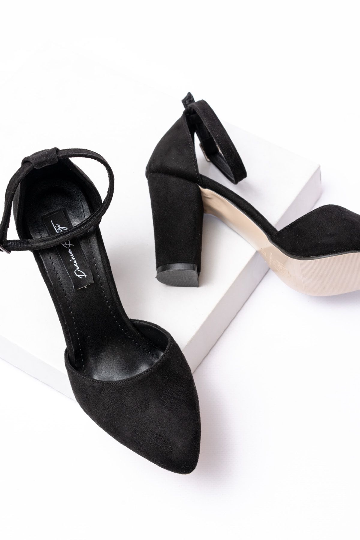 DURUNUN BUTİĞİ-Arolf Black Suede Ankle Strap (8 cm Heels) Shoes 2