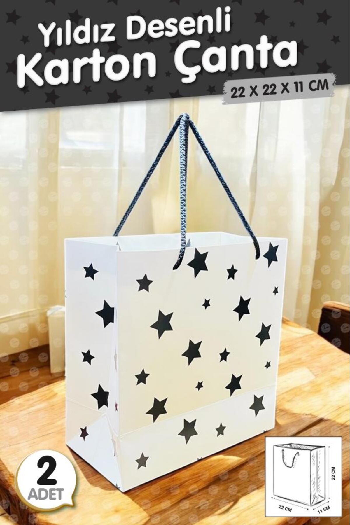 t tuğset etiket Beyaz Karton Çanta Siyah Yıldız Desenli Hediye Paketi Çanta Poşet 2'li 22*22*11cm -t889