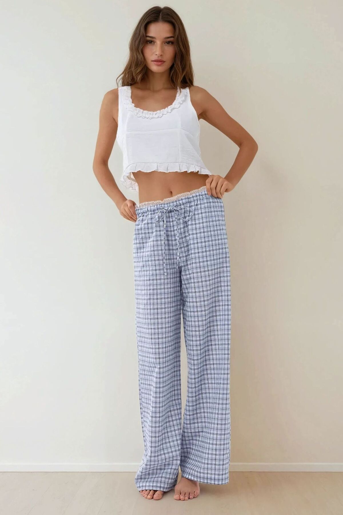 Hiccup-Plaid Patterned Pajama Bottoms with Heart Embroidery Detail on the Back 3