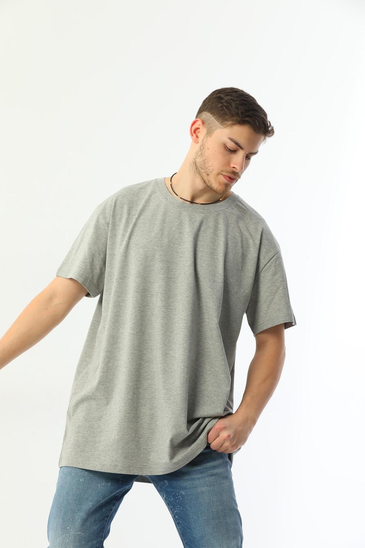 Edelle-Organic Crew Neck Oversize Gray Melange Men's T-Shirt 3