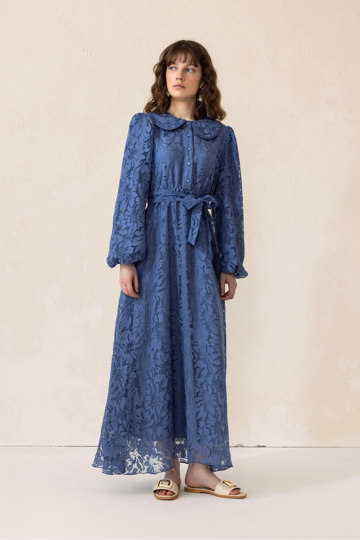 Olcay-Detský golier s balónovým rukávom Guipure Fabric Dlhé šaty INDIGO 9300-E 4