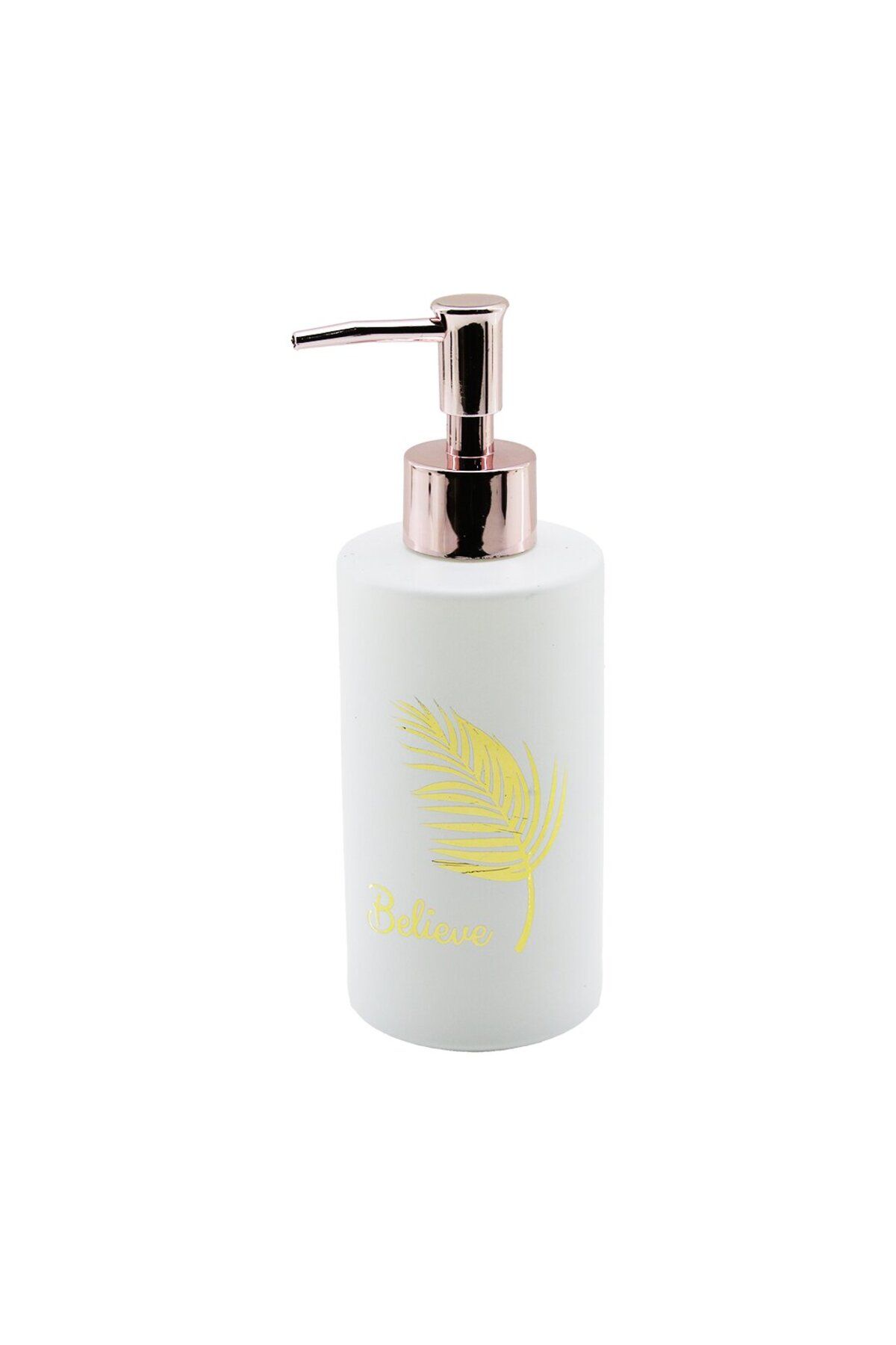 STOREMAX buxystorem CAM YUVARLAK - BEYAZ ŞİŞE--GOLD YAPRAK DESEN SIVI SABUNLUK 350ML BRONZ PLASTİK POMPA