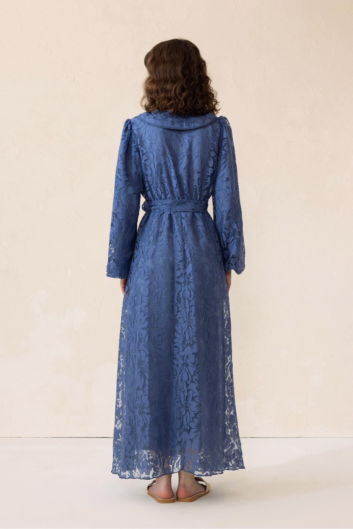 Olcay-Detský golier s balónovým rukávom Guipure Fabric Dlhé šaty INDIGO 9300-E 7