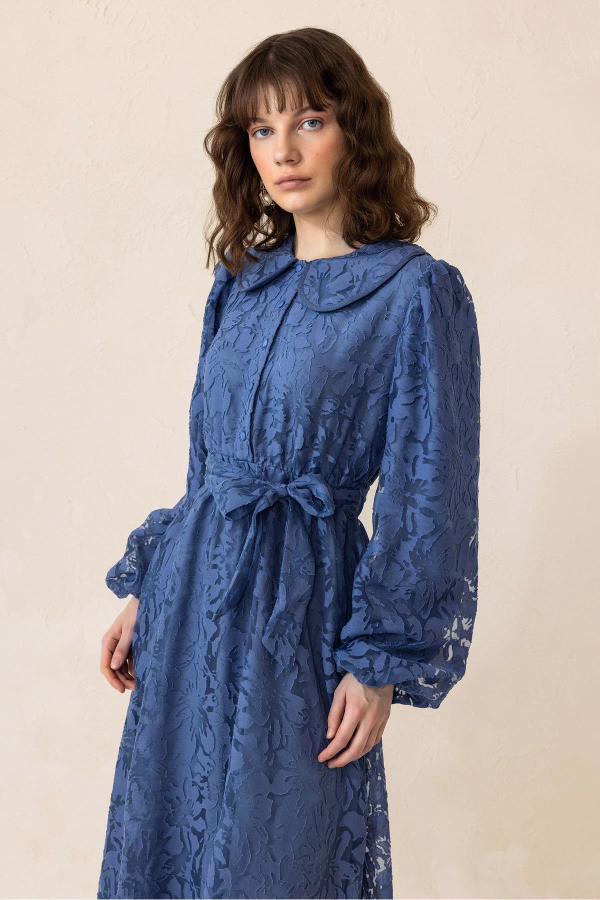 Olcay-Detský golier s balónovým rukávom Guipure Fabric Dlhé šaty INDIGO 9300-E 3