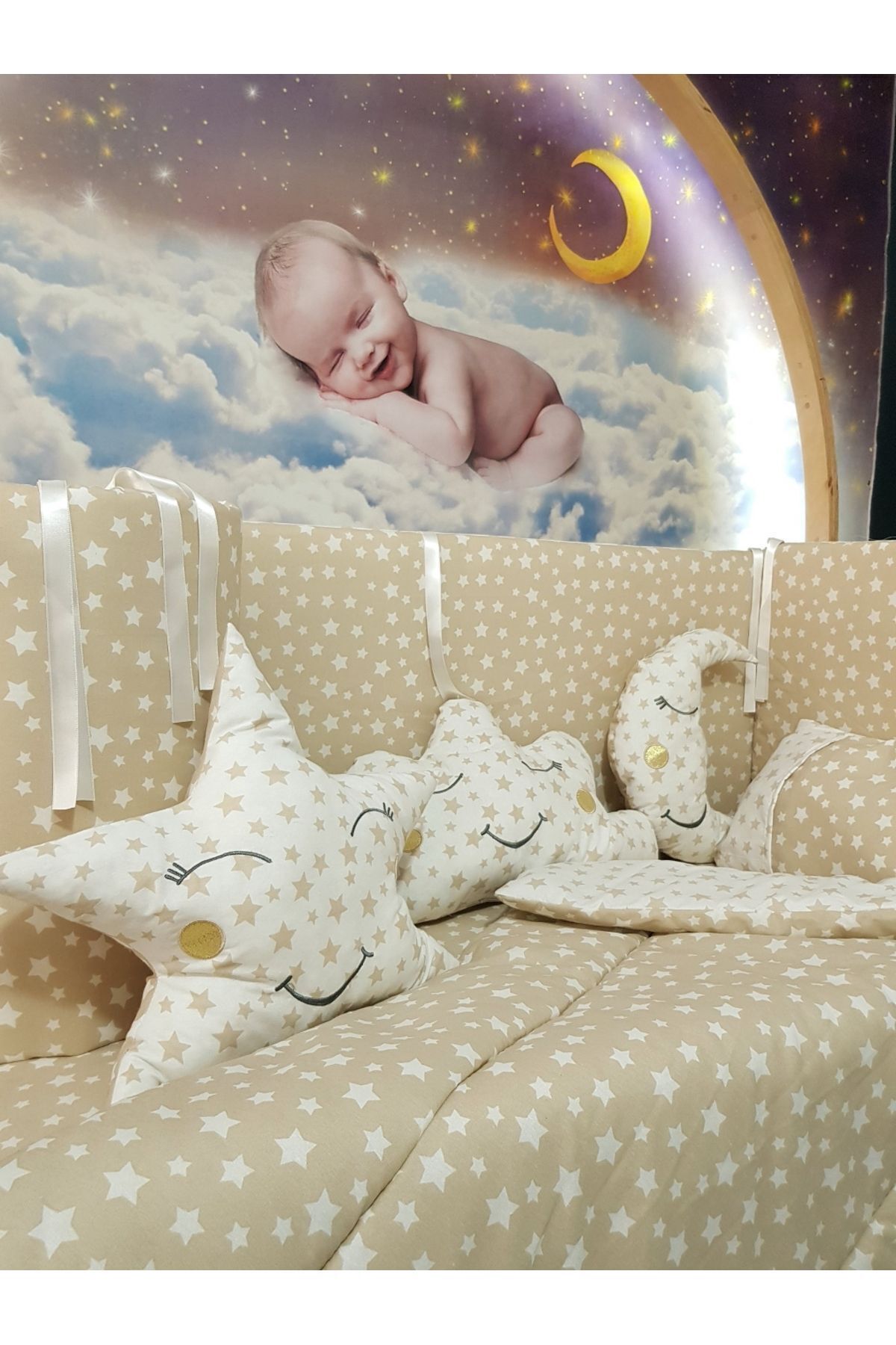 Baby Clime 60x120 Bebek Uyku Seti - Cibinlik Ve Aparat - Kahverengi Yıldız Desen fotoğrafı 6 (önizleme)