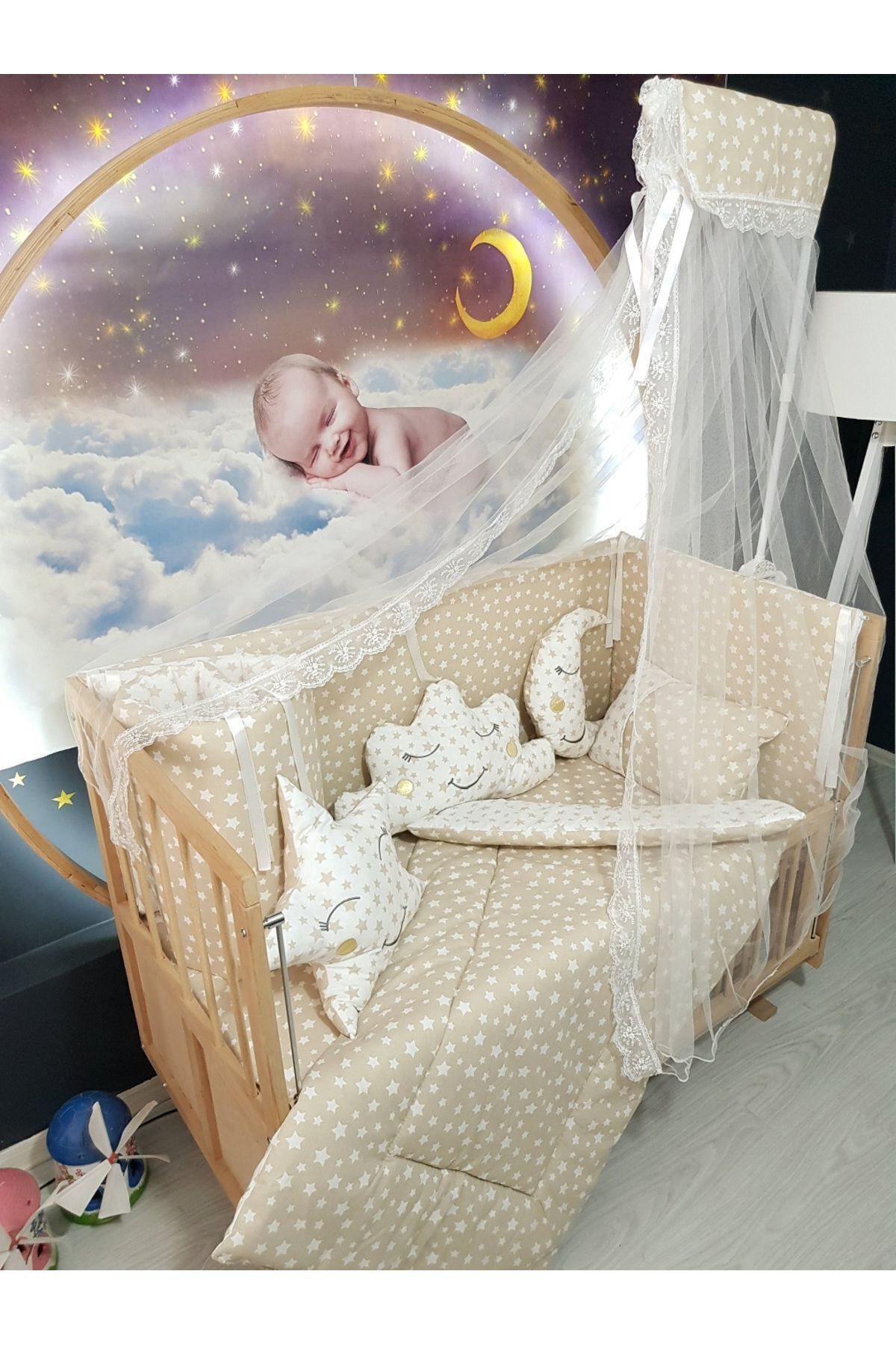 Baby Clime 60x120 Bebek Uyku Seti - Cibinlik Ve Aparat - Kahverengi Yıldız Desen fotoğrafı 2 (önizleme)