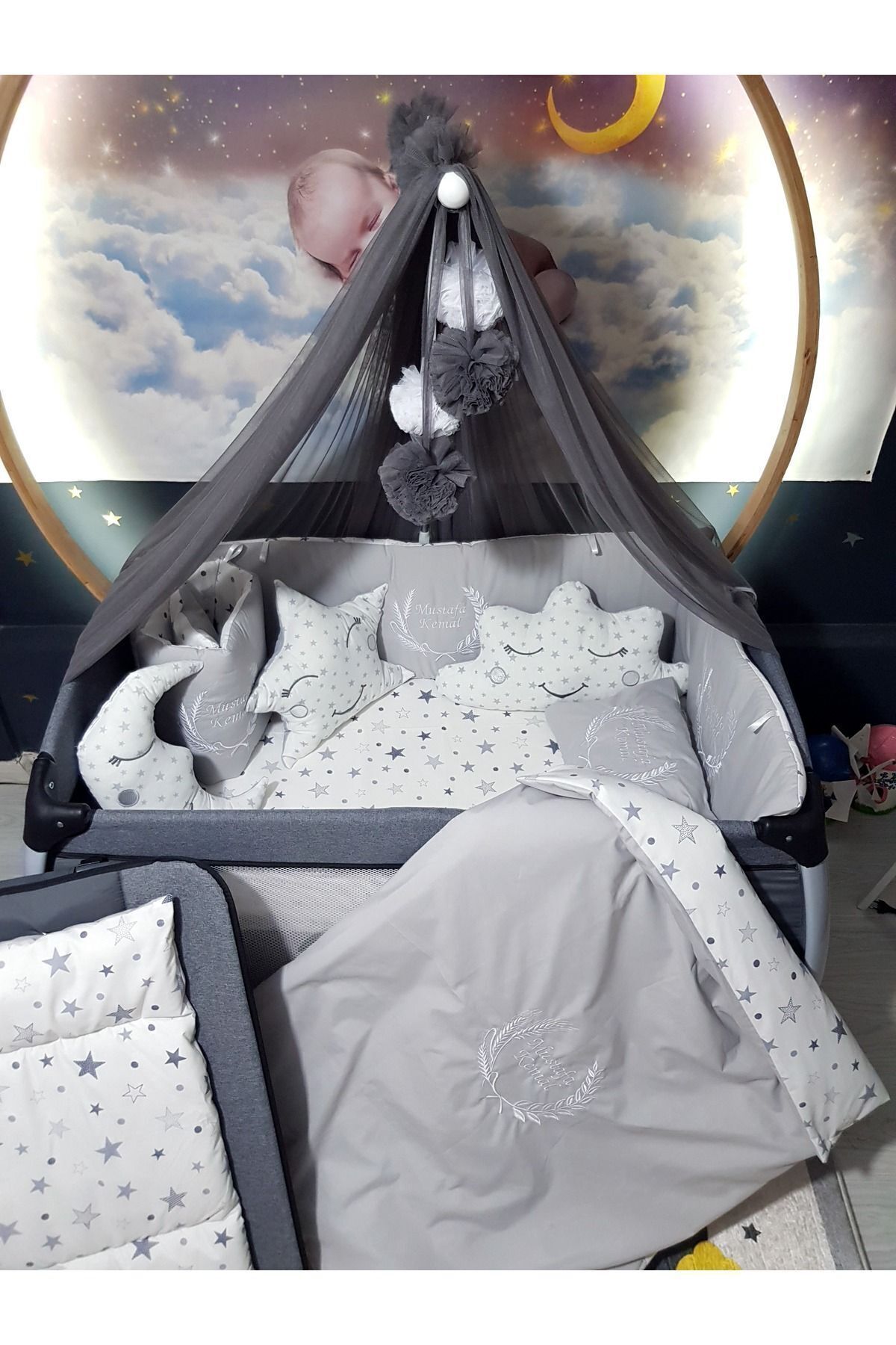 Baby Clime 70x110 Nakışlı Bebek Uyku Seti Isimli - Lüks Cibinlik Ve Aparat - Başak Buğday Motifi fotoğrafı 3 (önizleme)