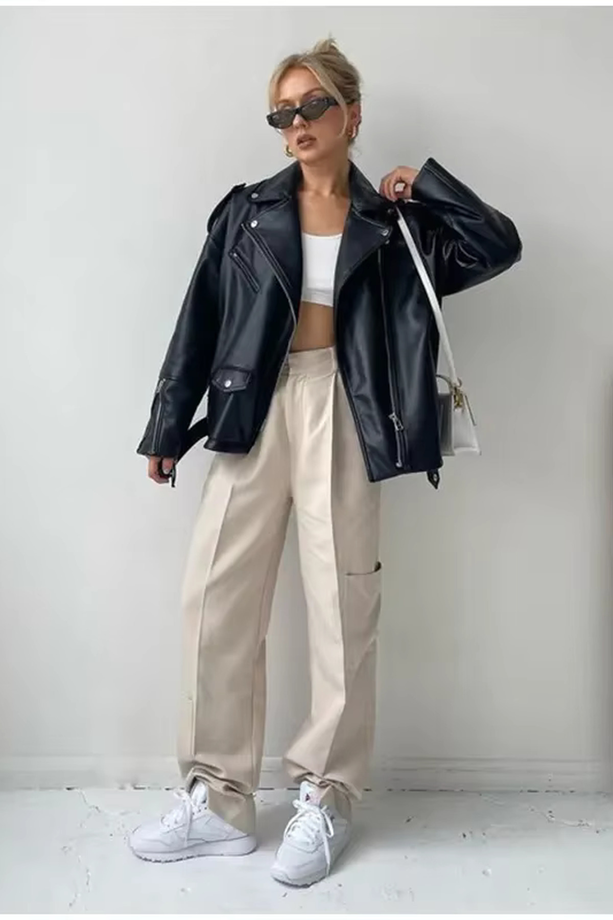 Jaglion Dlhá dámska čierna kožená bunda Elvera Oversize