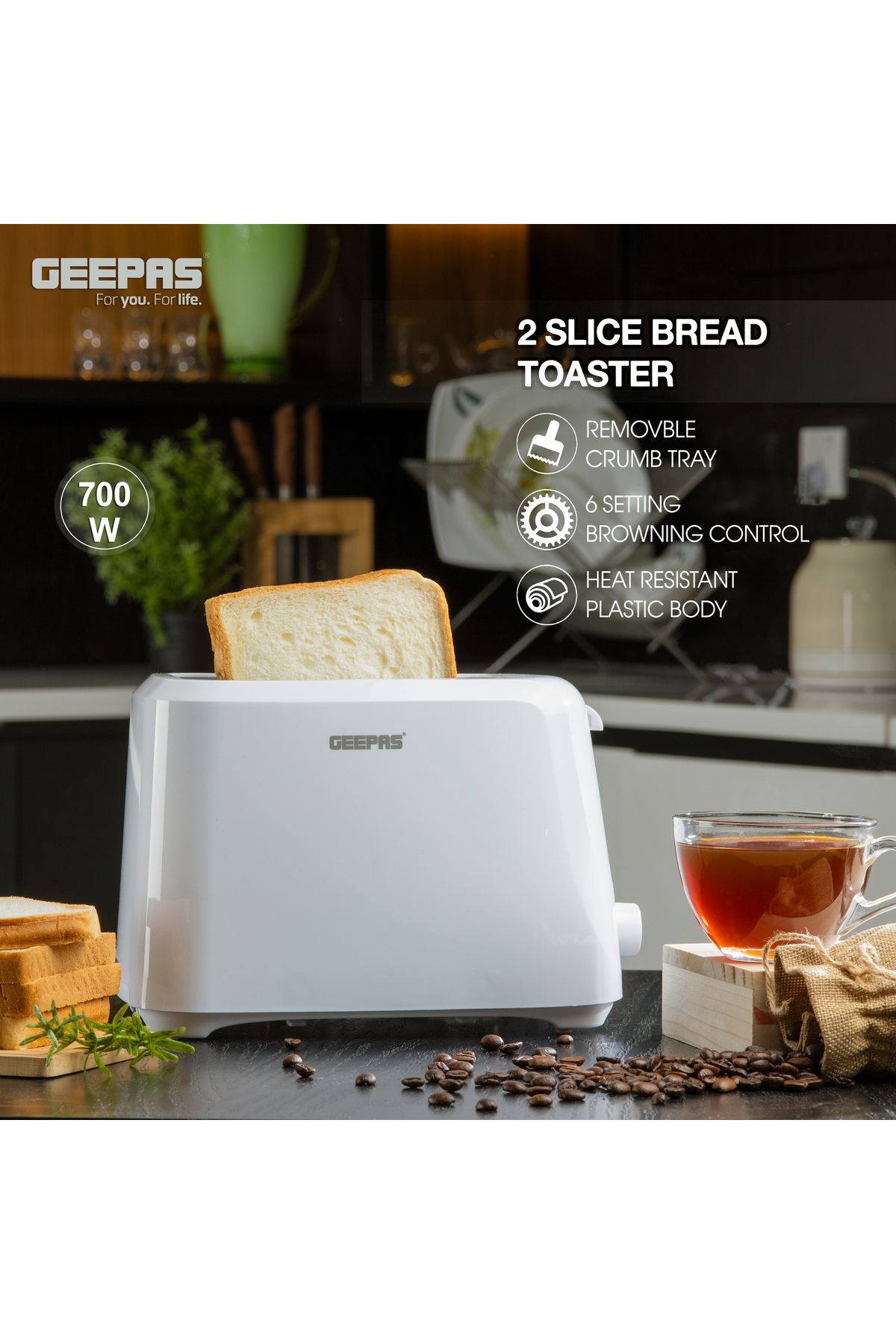Geepas-محمصة خبز بشريحتين، إعدادات تحمير متغيرة | وظيفة إلغاء، صينية فتات قابلة للإزالة، فتحات واسعة 3