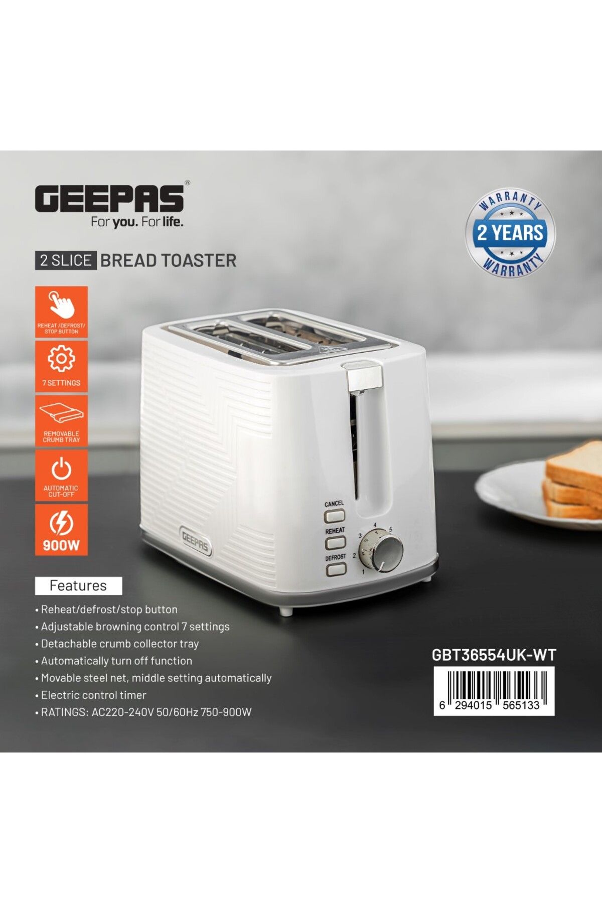 Geepas-Bread Toaster 2 Slice Slot| 7 Adjustable Browning Control and Removable Crumb Tray| Reheat, Defrost 8