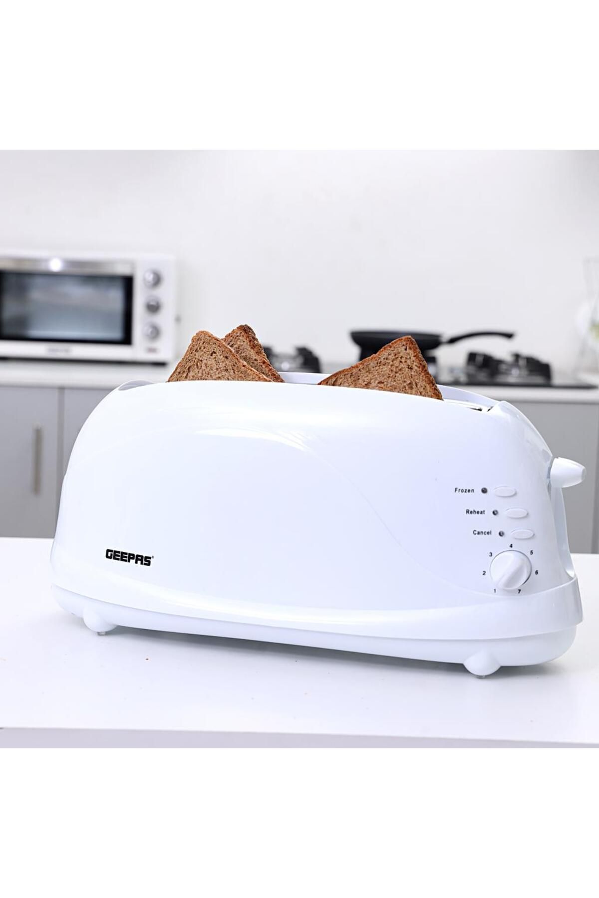 Geepas-4 Slices Bread Toaster 1100W Crumb Tray| 7 Settings with Cancel, Defrost & Reheat Function|GBT9895 1