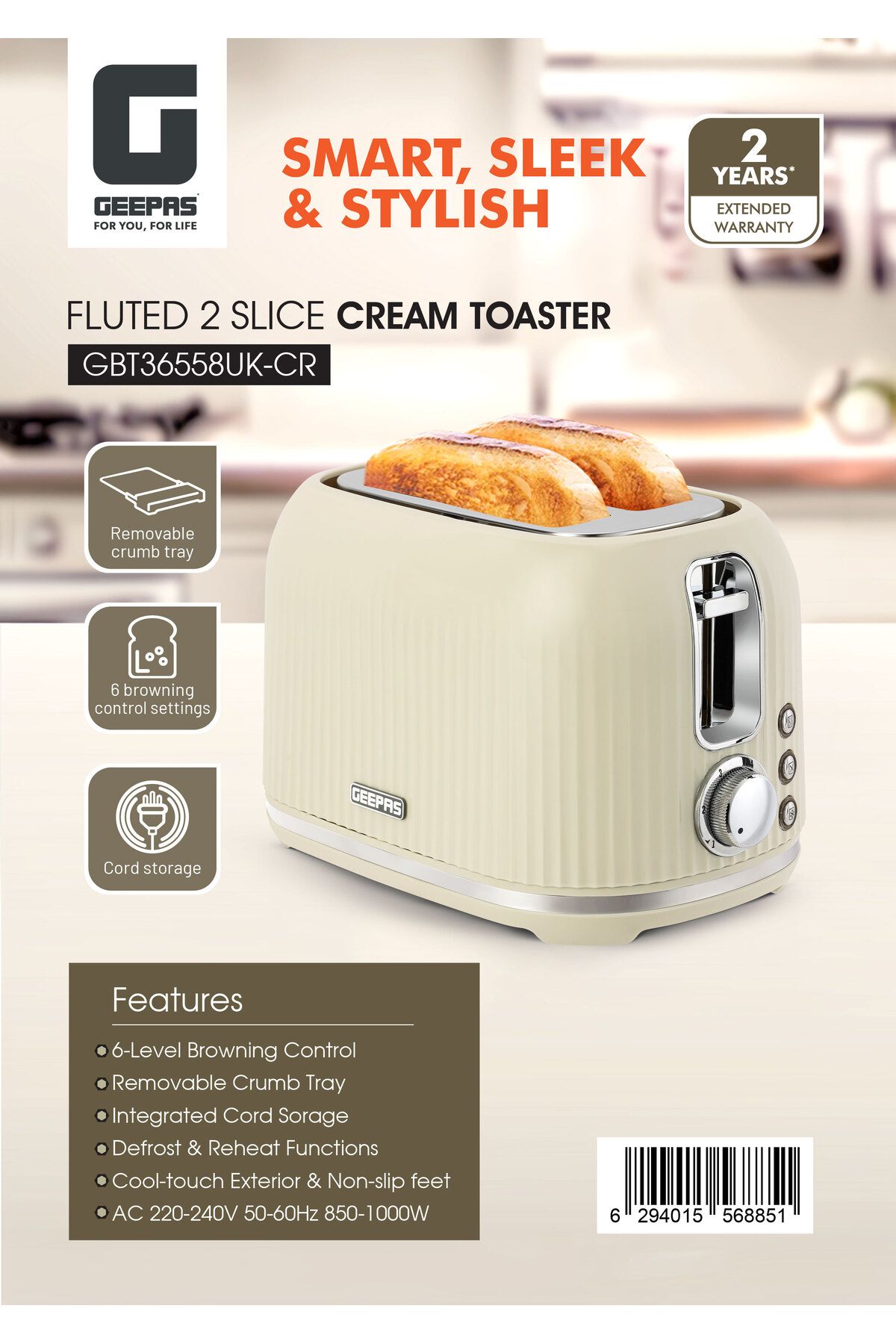 Geepas-Fluted Bread Toaster 2 Slice Slot 1000 W|  6 Adjustable Browning Control and Removable Crumb Tray 8