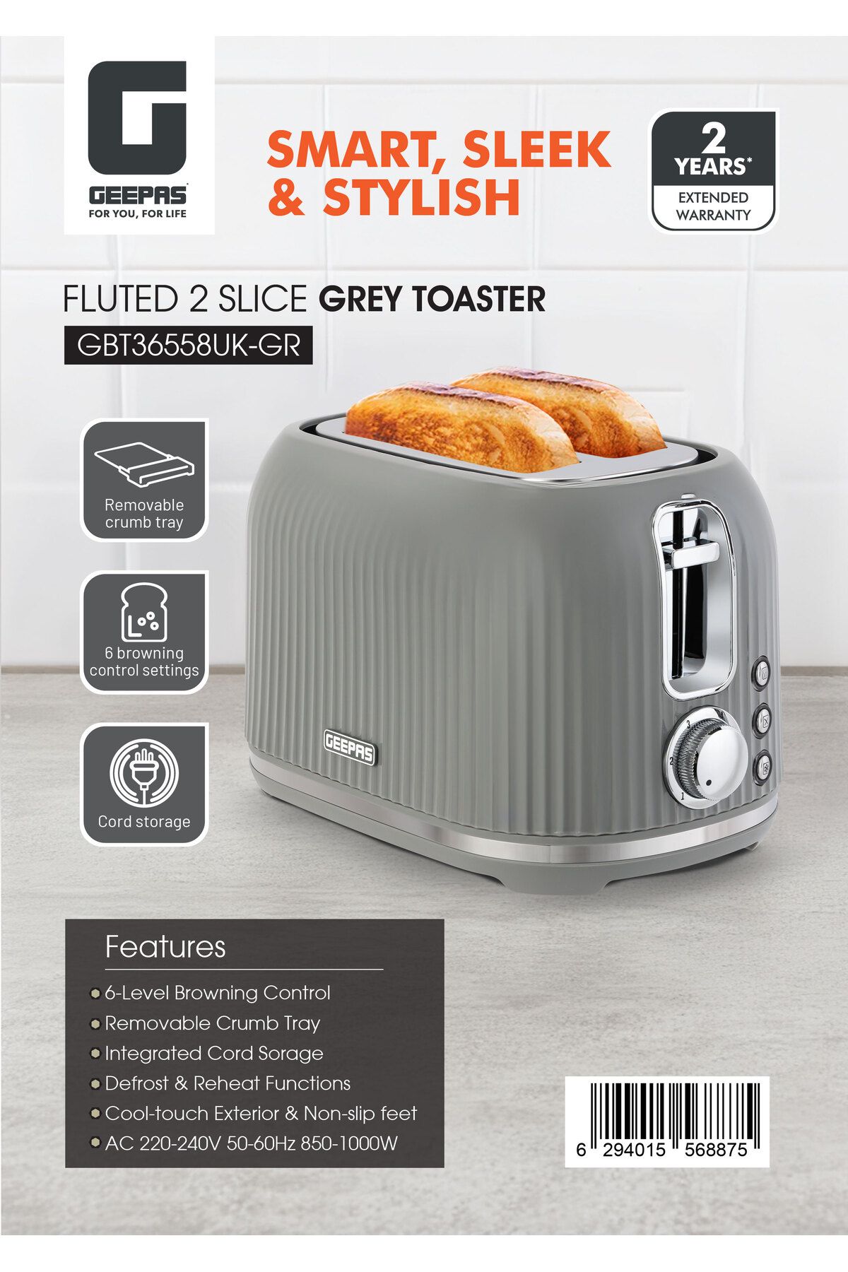 Geepas-Fluted Bread Toaster 2 Slice Slot 1000 W|  6 Adjustable Browning Control and Removable Crumb Tray 8