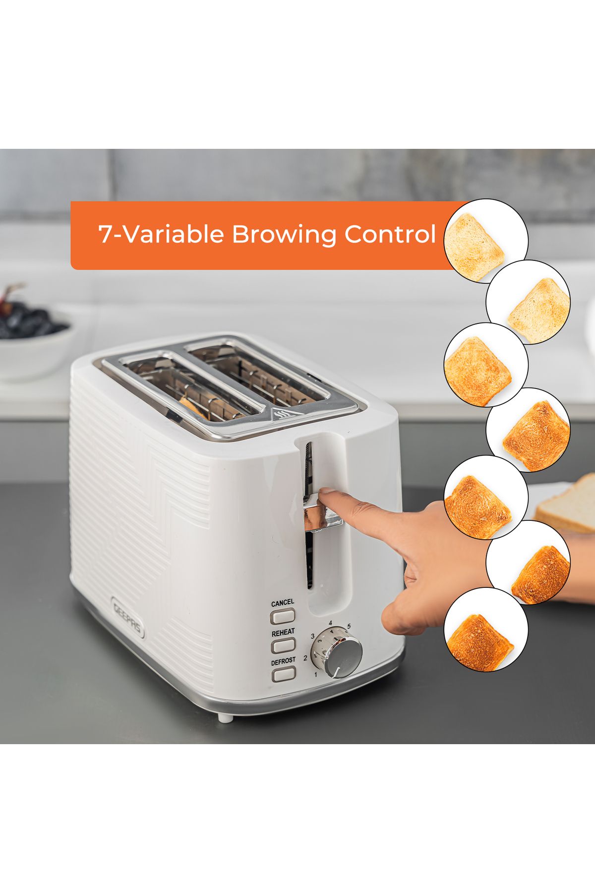 Geepas-Bread Toaster 2 Slice Slot| 7 Adjustable Browning Control and Removable Crumb Tray| Reheat, Defrost 4