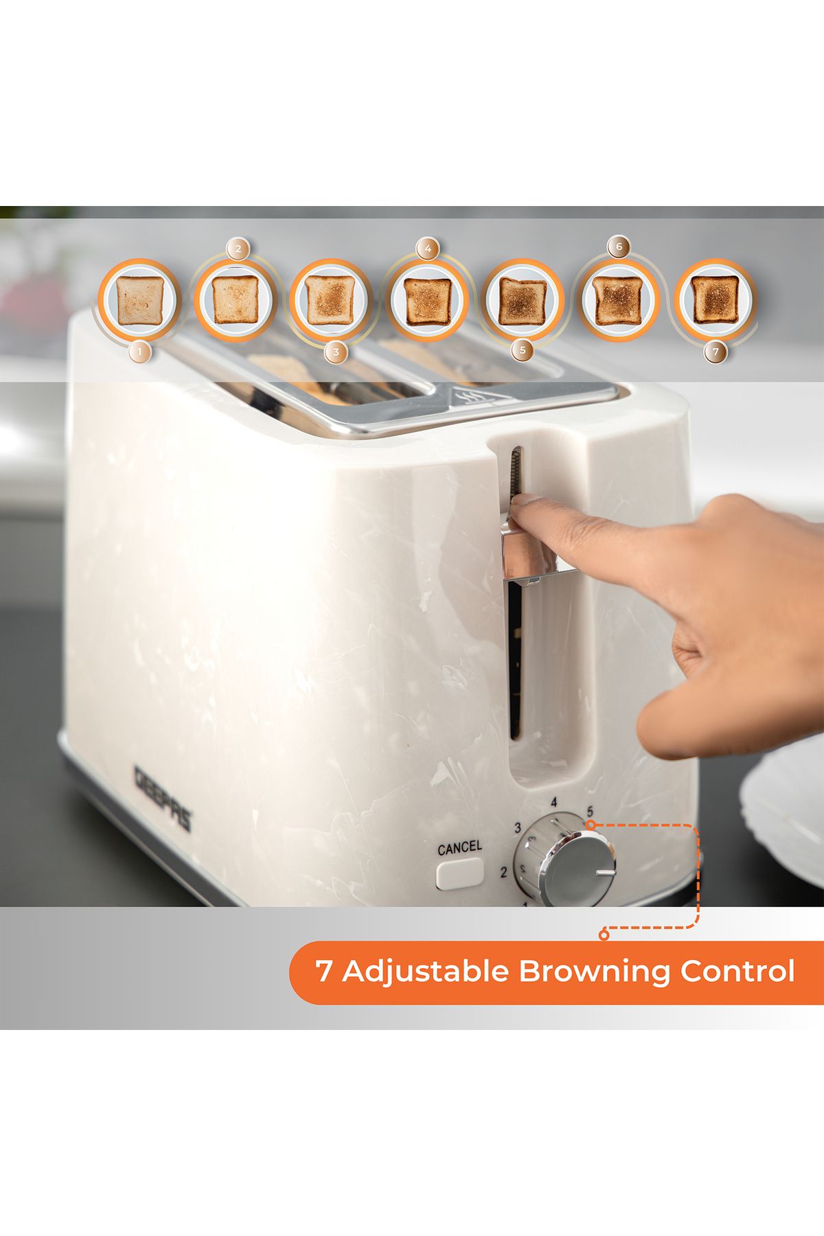 Geepas-Bread Toaster 2 Slice Slot| 7 Adjustable Browning Control and Removable Crumb Tray, Cancel Button| 4