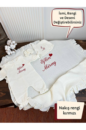 KARSU TASARIM 4 Kat Müslin Hastane Çıkış Seti İsimli Nakışlı %100 Pamuk (Batt...