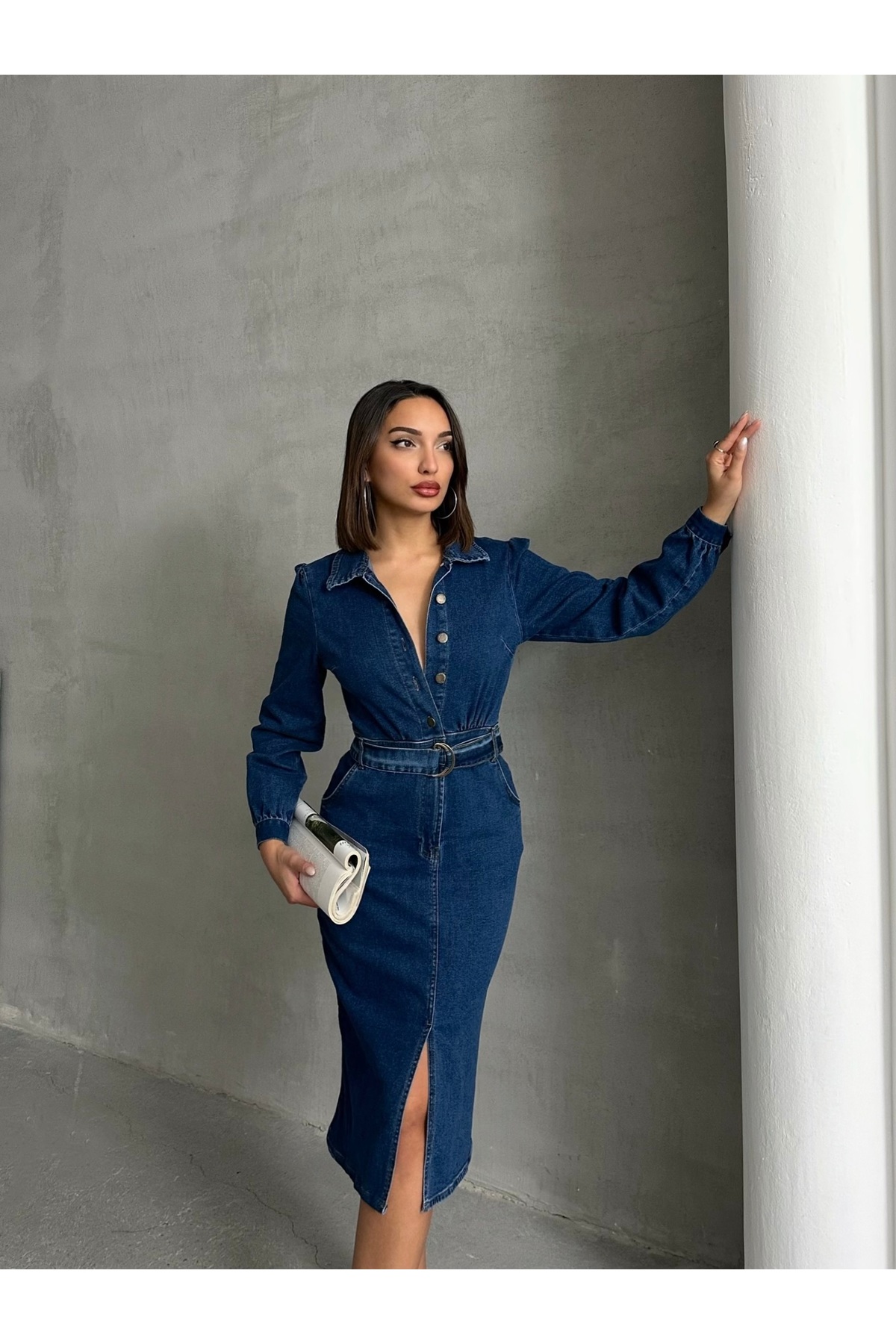 Miss Prova  Kemerli Önden Yırtmaçlı Midi Denim Elbise MISSEL00936 - Görsel 5