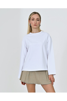 BEC'S Kadın Yüksek Gramajlı Pamuklu Oversize Fit Uzun Kollu Basic Beyaz T-shirt