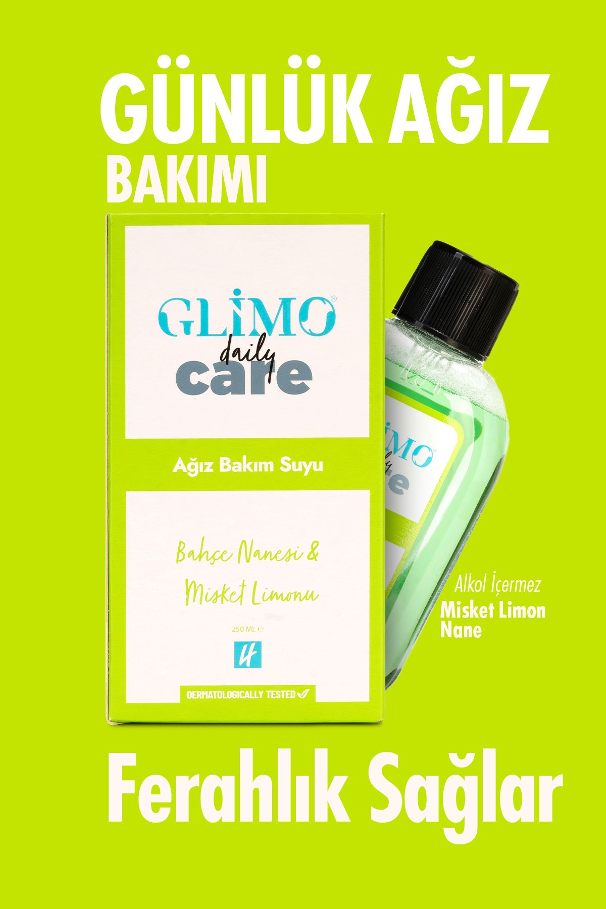 Glimo Daily Care Ağız Bakım Suyu - Bahçe Nanesi Ve Misket Limonu Aromalı - Alkolsüz - 250ml - Yerli Üretim