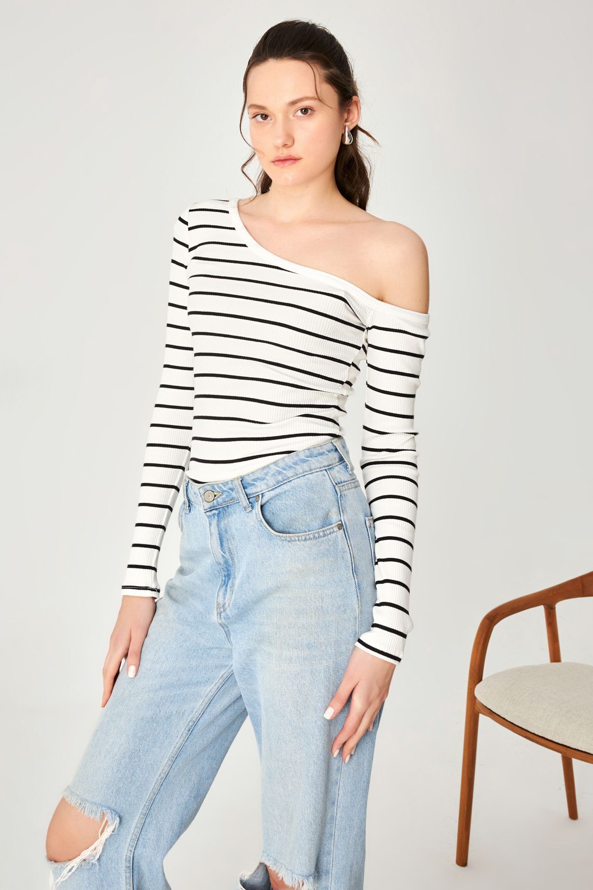Ecru Striped Camisole Asymmetrical Neck Long Sleeve Blouse