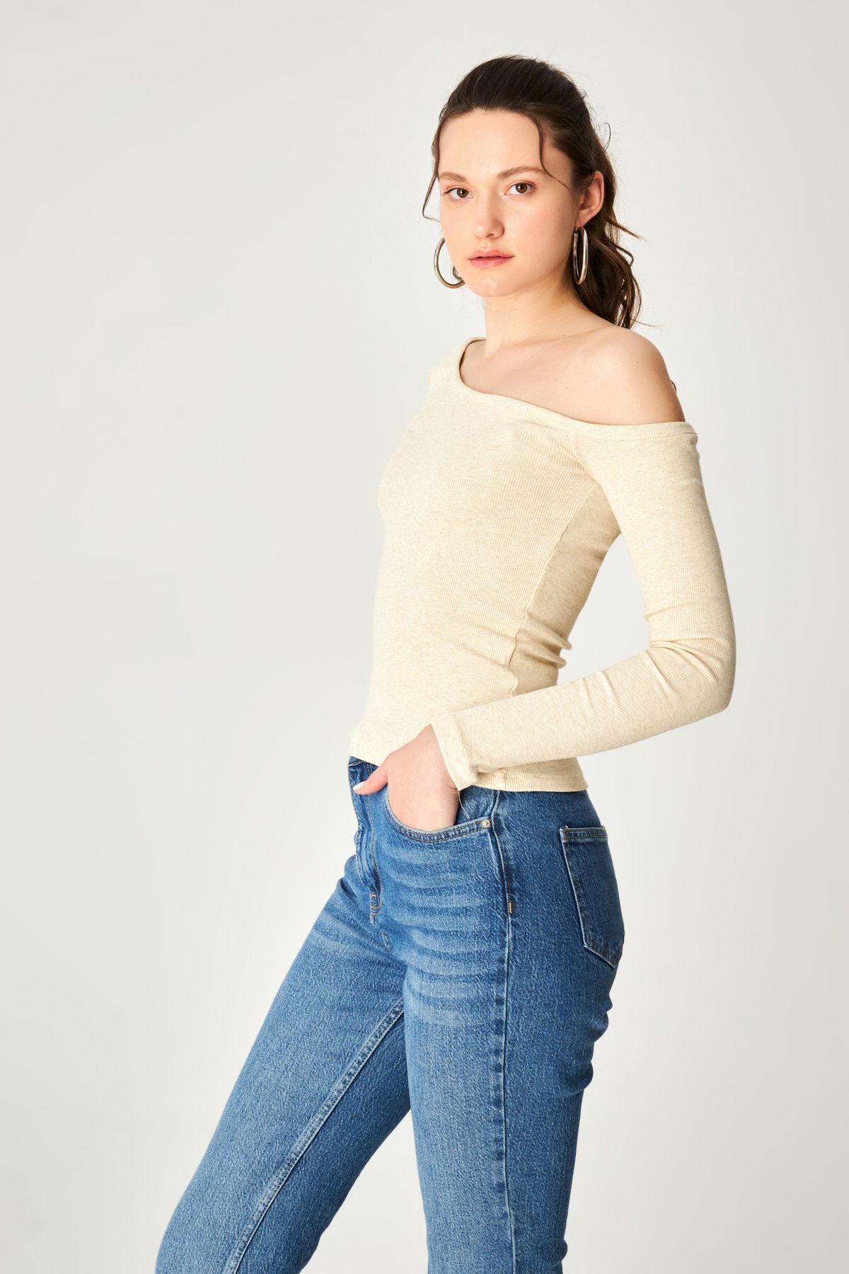 Cream Camisole Asymmetrical Neck Long Sleeve Blouse