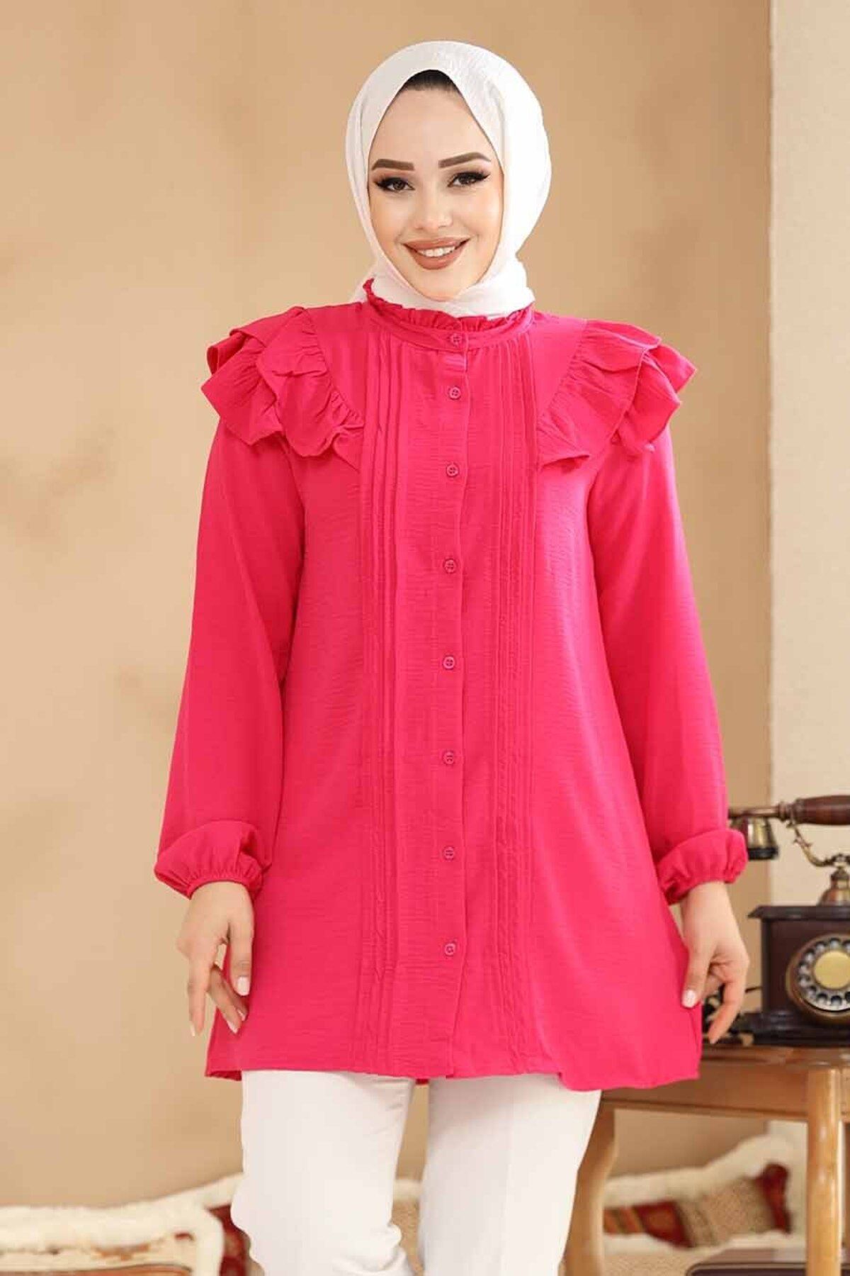 Neva Style-Buttoned Fuchsia Hijab Tunic 42291F 3