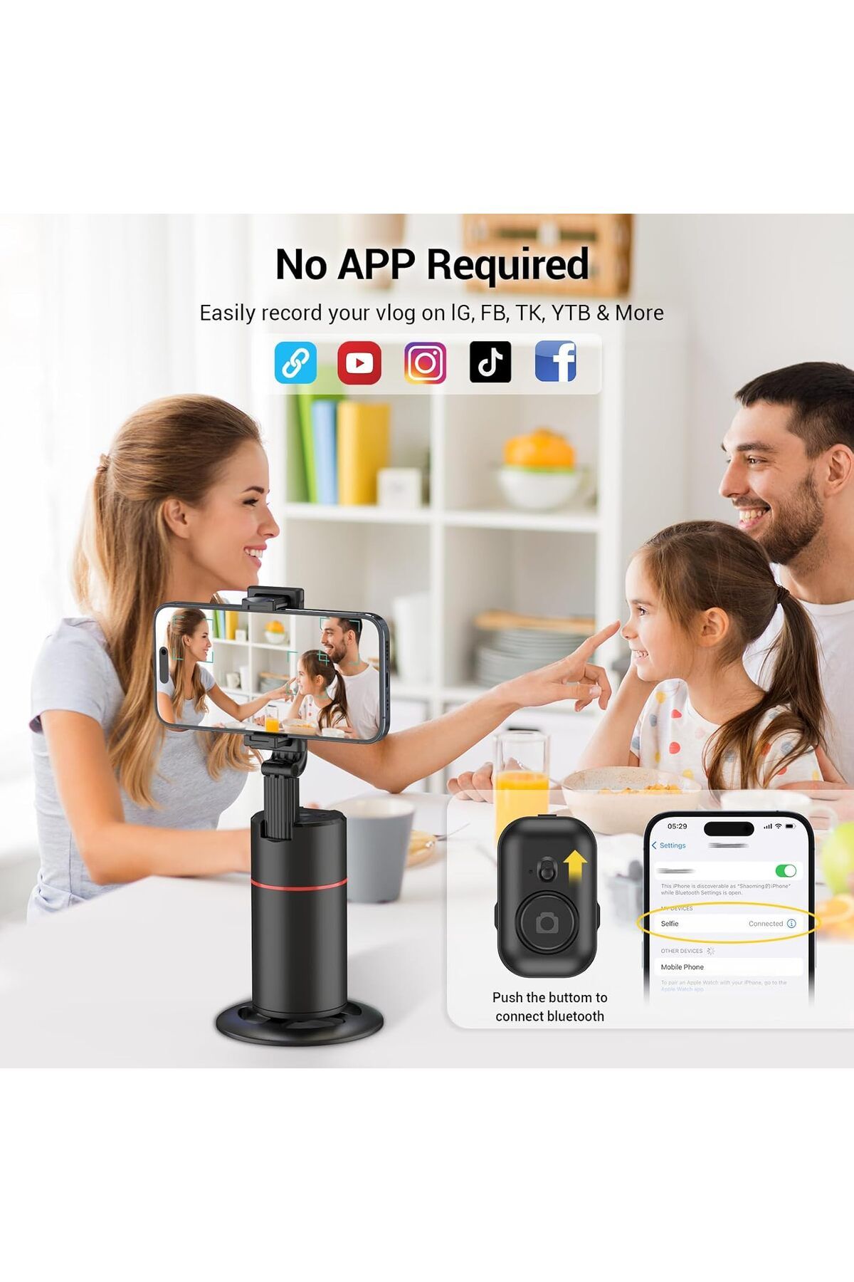AWH-Auto Face Tracking Tripod, 360° Rotating Phone Holder, Remote & Gesture Control for Vlogs 3
