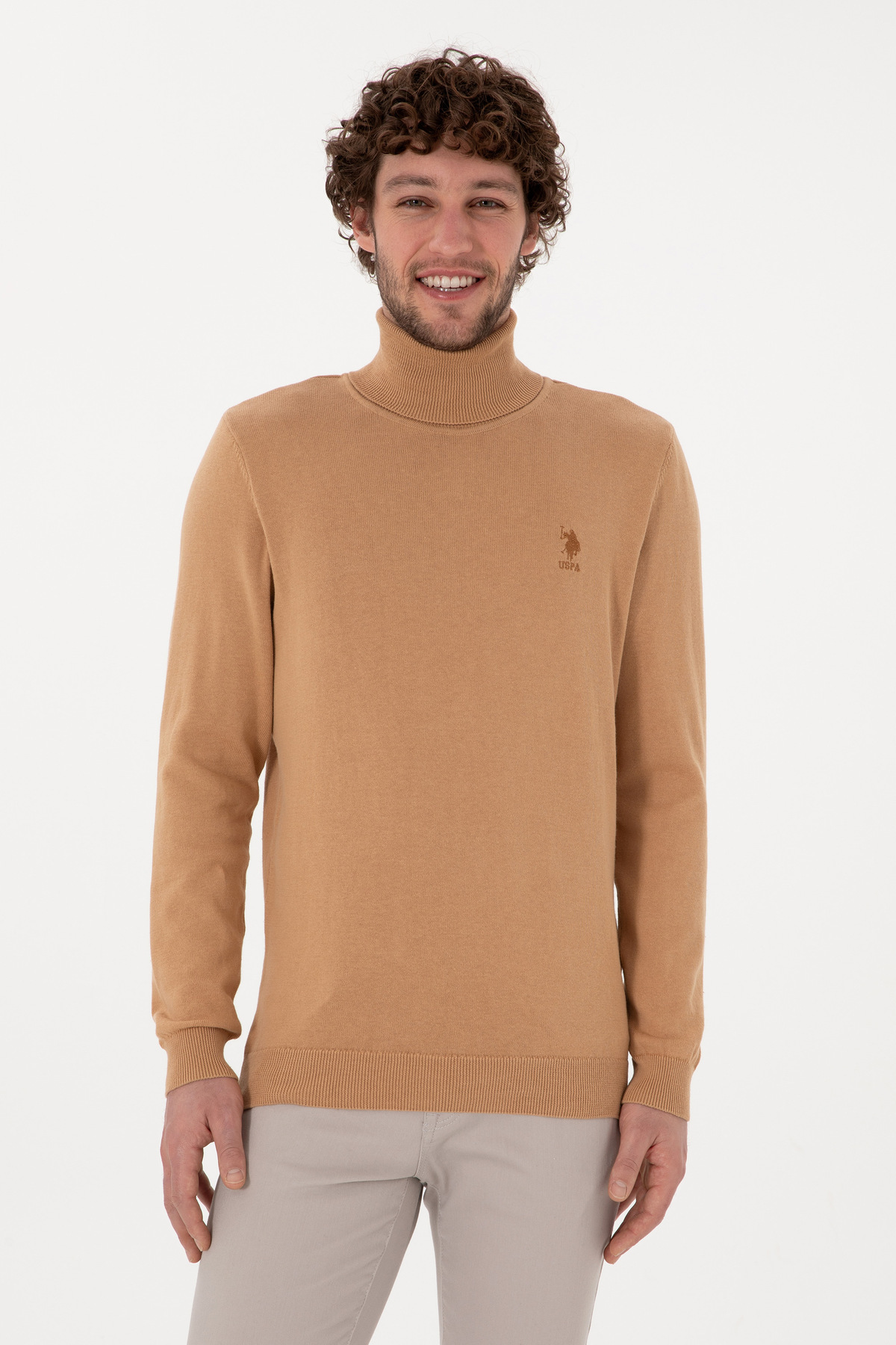 ژاکت مردانه یقه اسکی اسلیم فیت طرح شتری ملانژ ساده برند یو اس پولو کد:(50288884-VR122) U.S. Polo Assn.